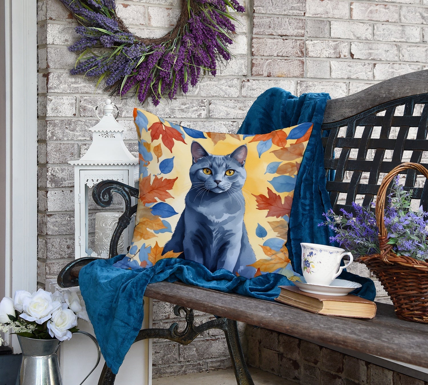 Chartreux Cat in Fall Leaves Decorative Throw Pillow 18x18 Indoor Outdoor Accent Cushion, Fabric Cover with Insert for Sofa, Bed, Porch & Living Room