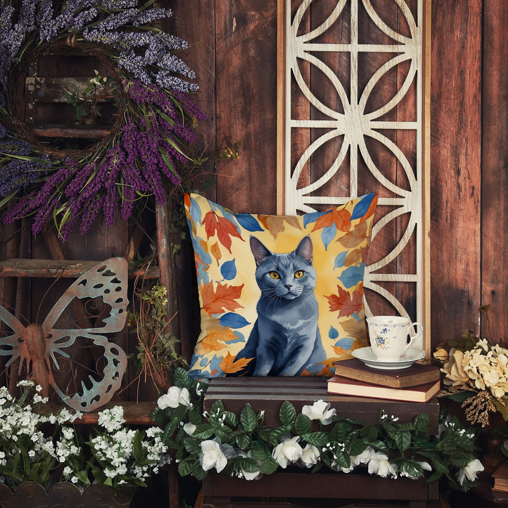 Chartreux Cat in Fall Leaves Decorative Throw Pillow 18x18 Indoor Outdoor Accent Cushion, Fabric Cover with Insert for Sofa, Bed, Porch & Living Room