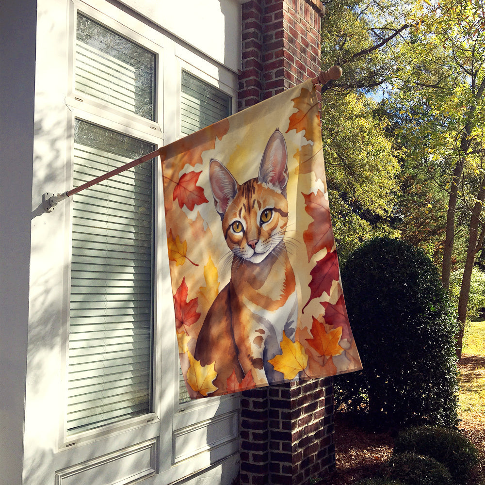 Chausie Cat in Fall Leaves House Flag 28x40 Porch Sleeve Pole Decorative Outside Yard Banner Artwork Wall Hanging, Polyester