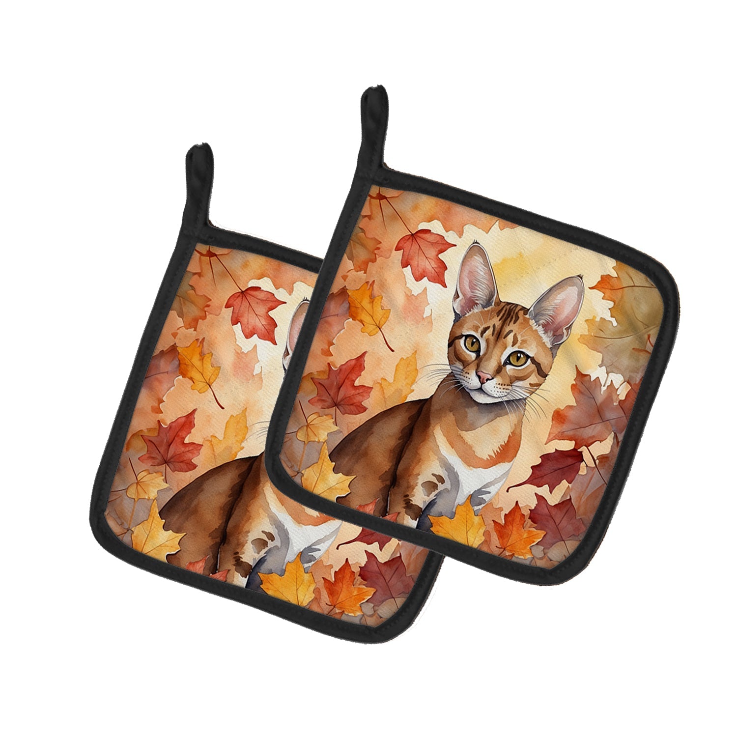 Chausie Cat in Fall Leaves Pot Holder Set of 2 Heat Resistant Quilted Hot Pads 7.5 x 7.5 Inch, Insulated Kitchen Trivets for Cooking & Baking