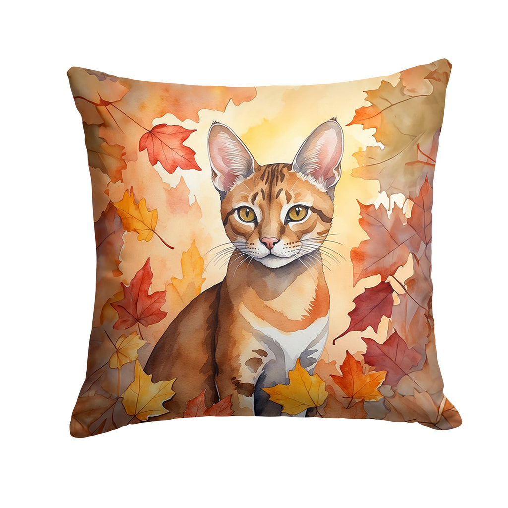 Chausie Cat in Fall Leaves Decorative Throw Pillow 14x14 Indoor Outdoor Accent Cushion, Fabric Cover with Insert for Sofa, Bed, Porch & Living Room