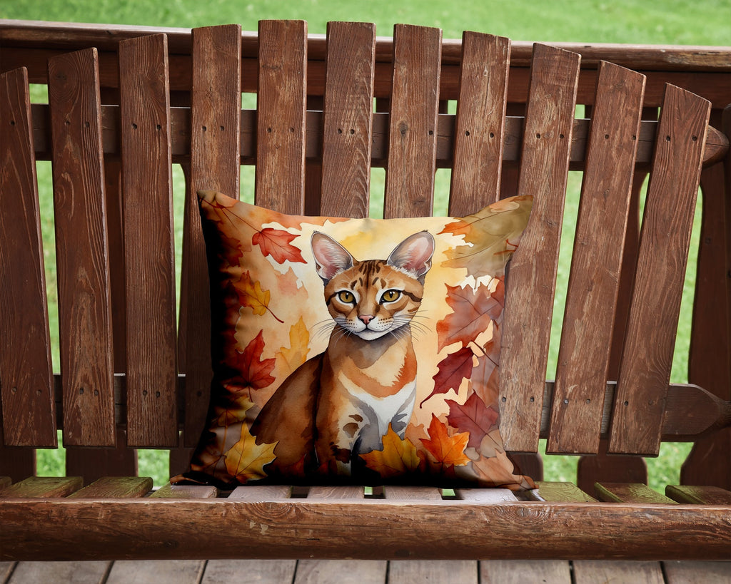 Chausie Cat in Fall Leaves Decorative Throw Pillow 14x14 Indoor Outdoor Accent Cushion, Fabric Cover with Insert for Sofa, Bed, Porch & Living Room