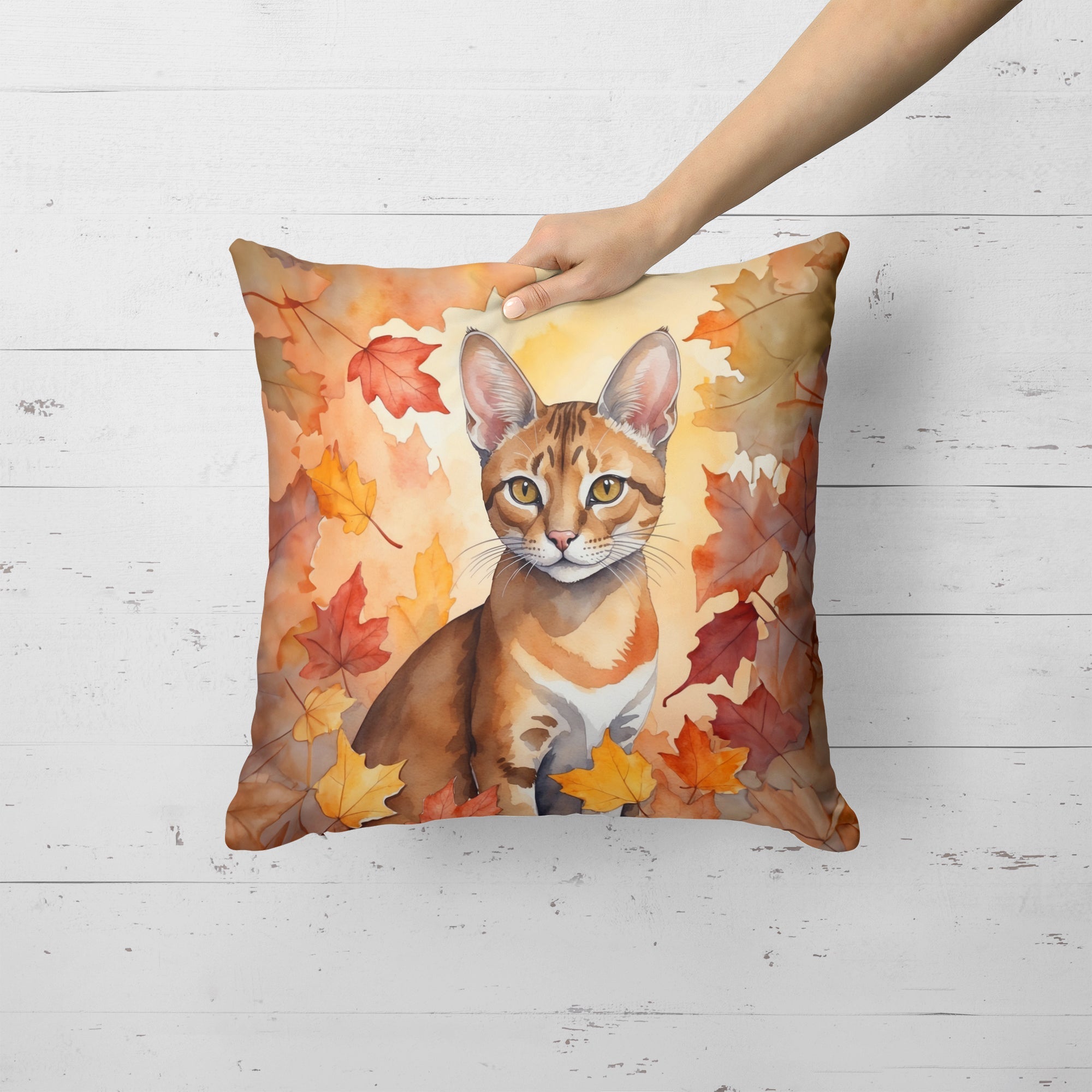 Chausie Cat in Fall Leaves Decorative Throw Pillow 18x18 Indoor Outdoor Accent Cushion, Fabric Cover with Insert for Sofa, Bed, Porch & Living Room
