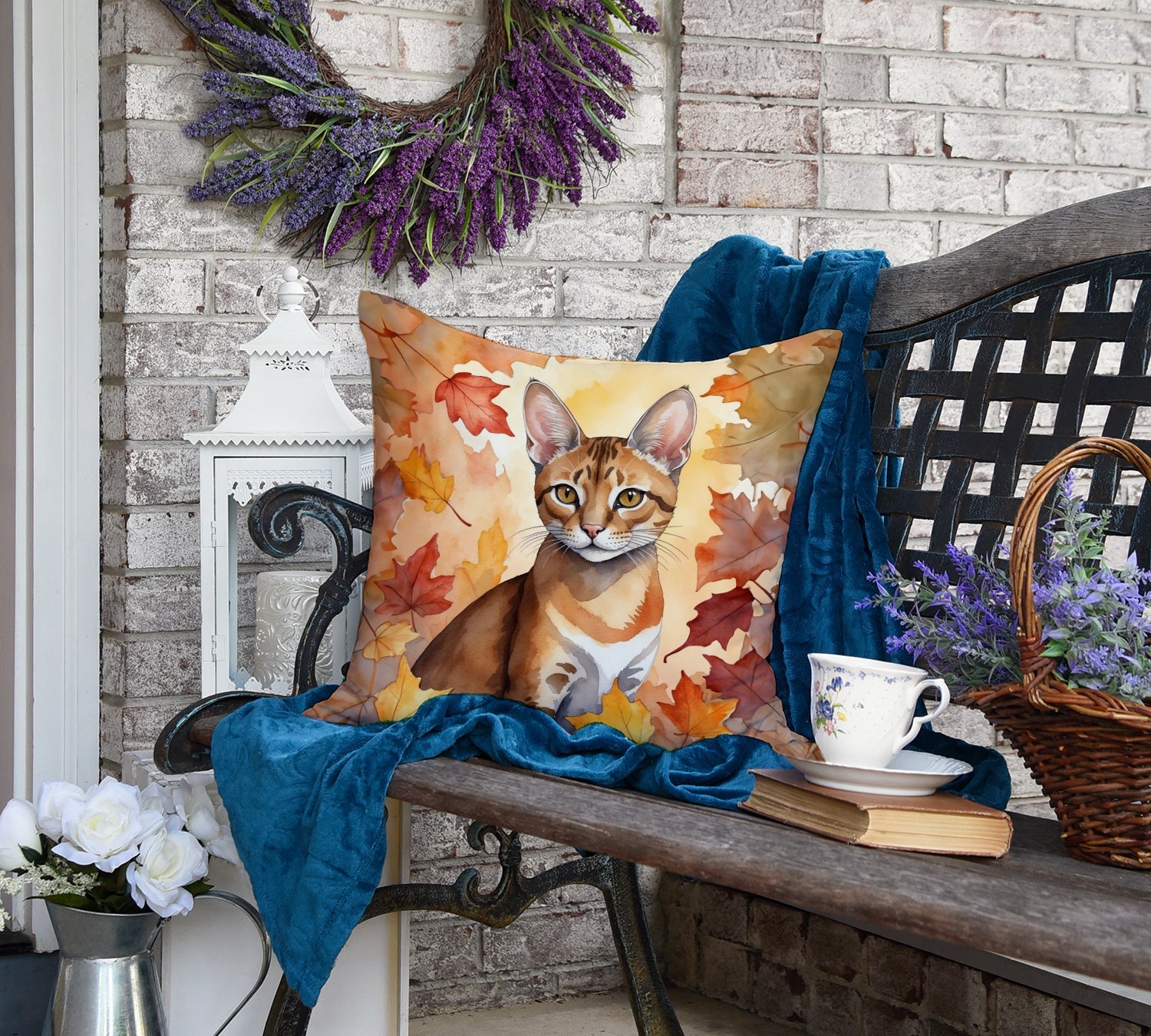 Chausie Cat in Fall Leaves Decorative Throw Pillow 18x18 Indoor Outdoor Accent Cushion, Fabric Cover with Insert for Sofa, Bed, Porch & Living Room