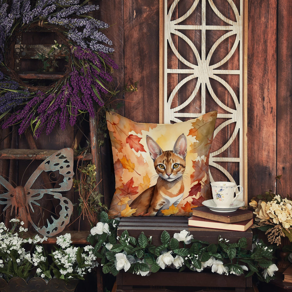 Chausie Cat in Fall Leaves Decorative Throw Pillow 18x18 Indoor Outdoor Accent Cushion, Fabric Cover with Insert for Sofa, Bed, Porch & Living Room