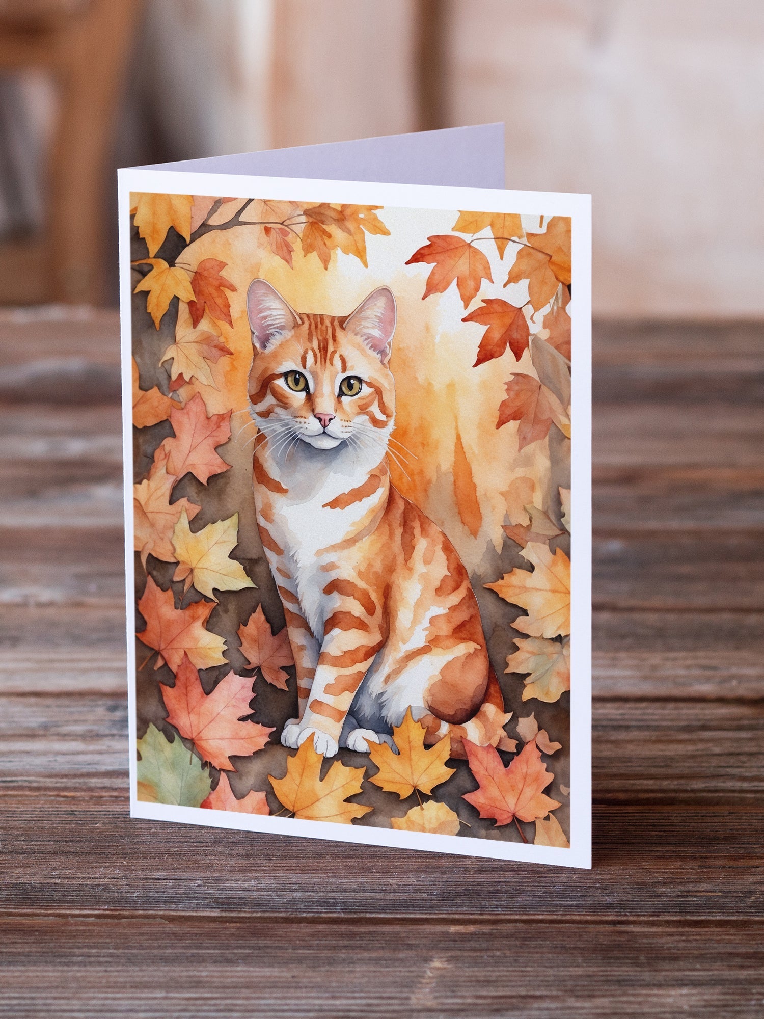 Cheetoh Cat in Fall Leaves Greeting Cards Pack of 8 Blank Cards with Envelopes Whimsical A7 Size 5x7