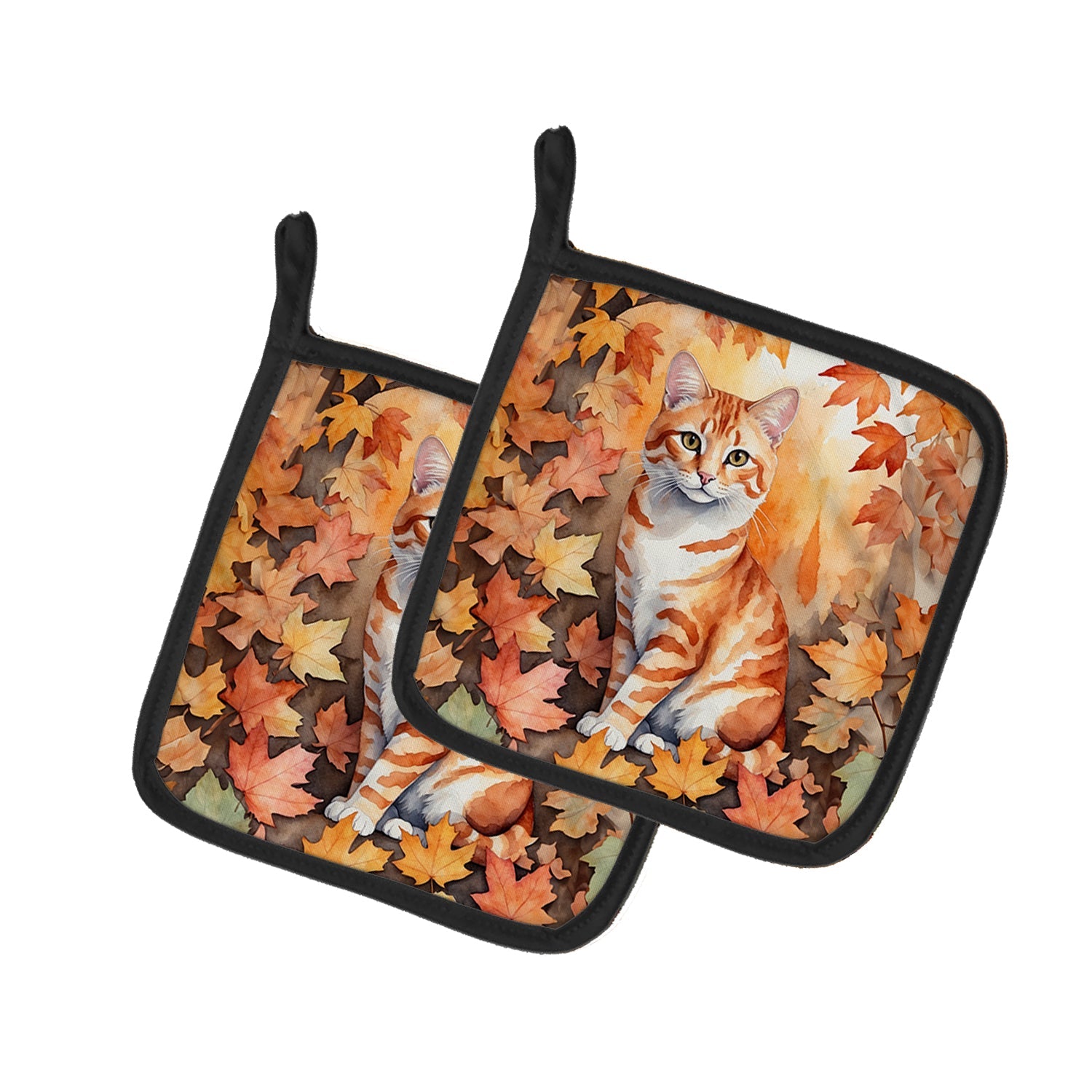 Cheetoh Cat in Fall Leaves Pot Holder Set of 2 Heat Resistant Quilted Hot Pads 7.5 x 7.5 Inch, Insulated Kitchen Trivets for Cooking & Baking