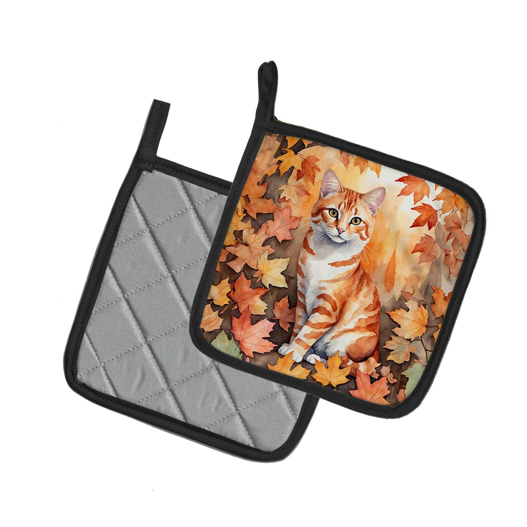 Cheetoh Cat in Fall Leaves Pot Holder Set of 2 Heat Resistant Quilted Hot Pads 7.5 x 7.5 Inch, Insulated Kitchen Trivets for Cooking & Baking