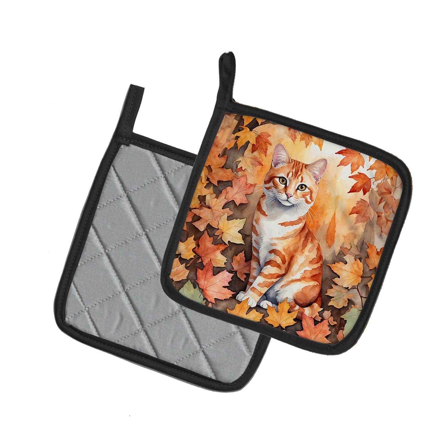 Cheetoh Cat in Fall Leaves Pot Holder Set of 2 Heat Resistant Quilted Hot Pads 7.5 x 7.5 Inch, Insulated Kitchen Trivets for Cooking & Baking
