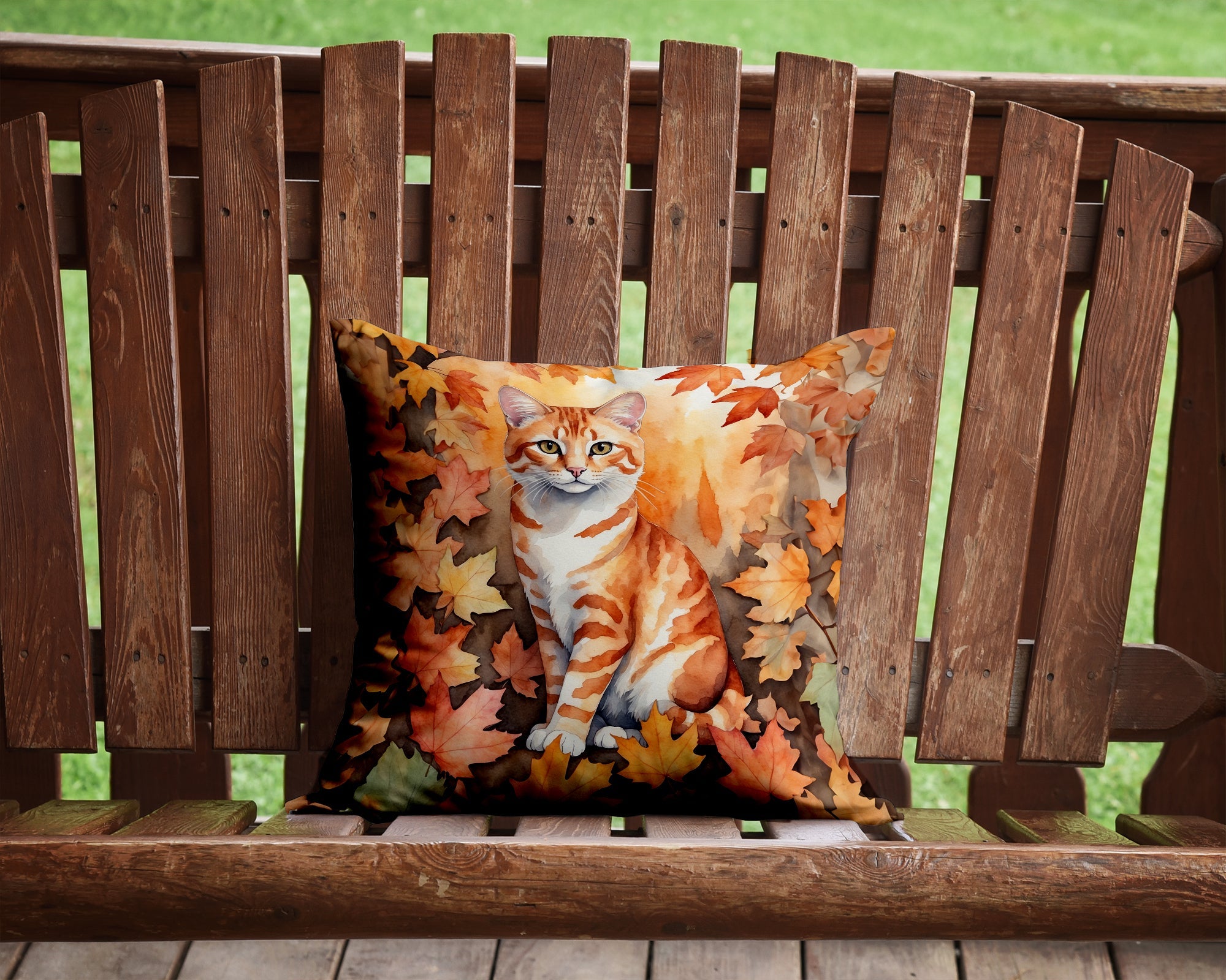 Cheetoh Cat in Fall Leaves Decorative Throw Pillow 14x14 Indoor Outdoor Accent Cushion, Fabric Cover with Insert for Sofa, Bed, Porch & Living Room