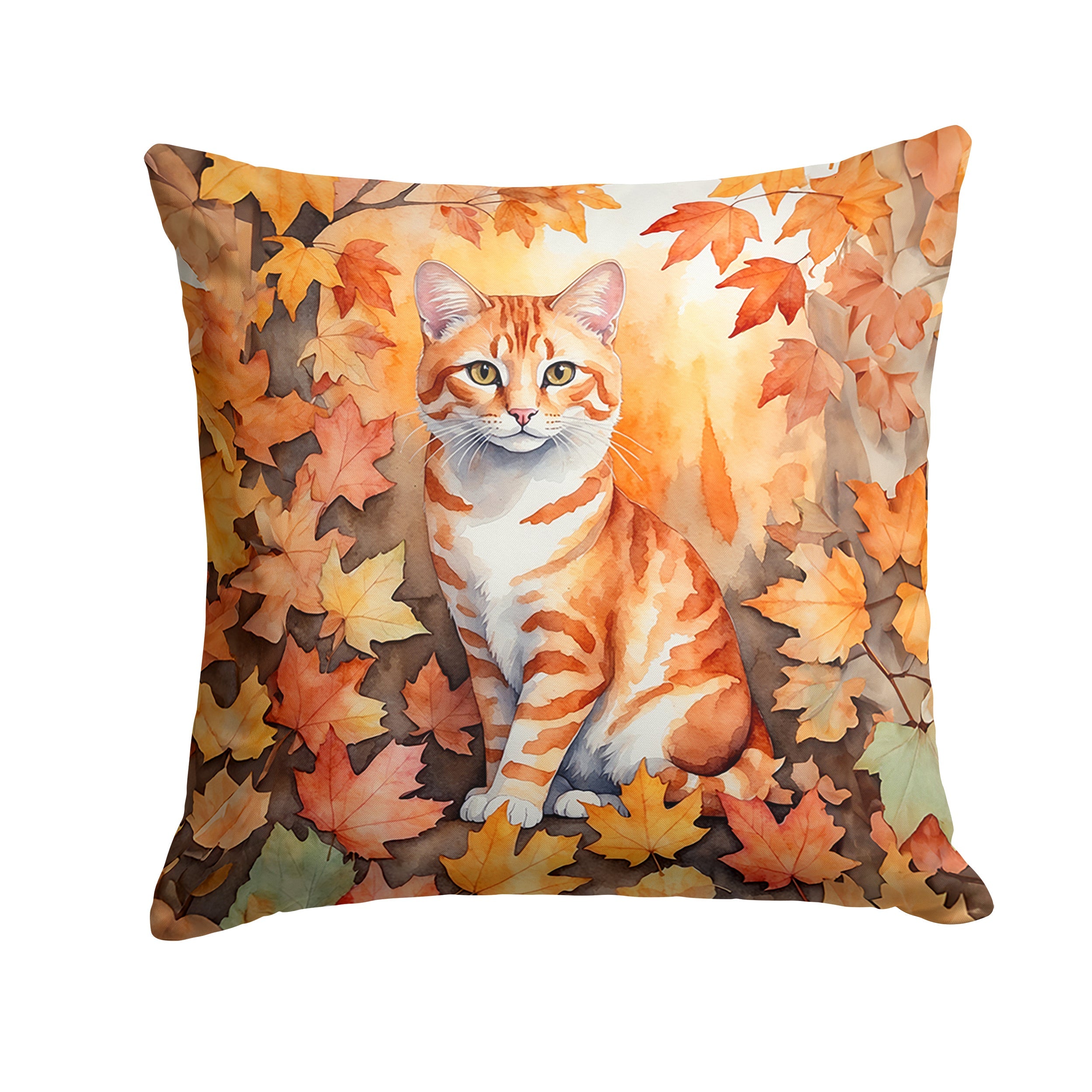 Cheetoh Cat in Fall Leaves Decorative Throw Pillow 18x18 Indoor Outdoor Accent Cushion, Fabric Cover with Insert for Sofa, Bed, Porch & Living Room