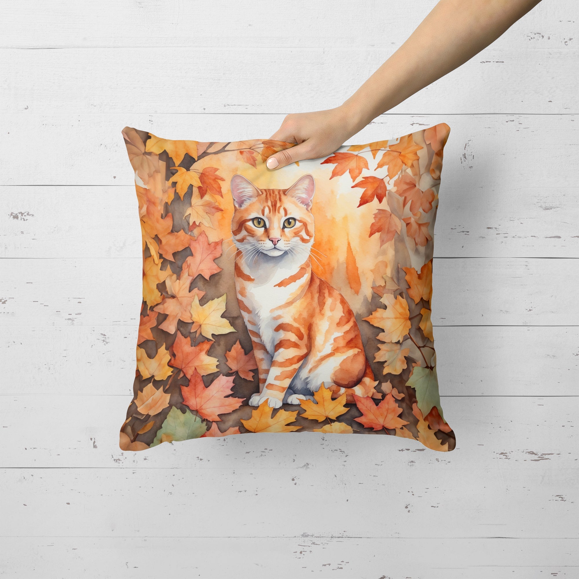 Cheetoh Cat in Fall Leaves Decorative Throw Pillow 18x18 Indoor Outdoor Accent Cushion, Fabric Cover with Insert for Sofa, Bed, Porch & Living Room