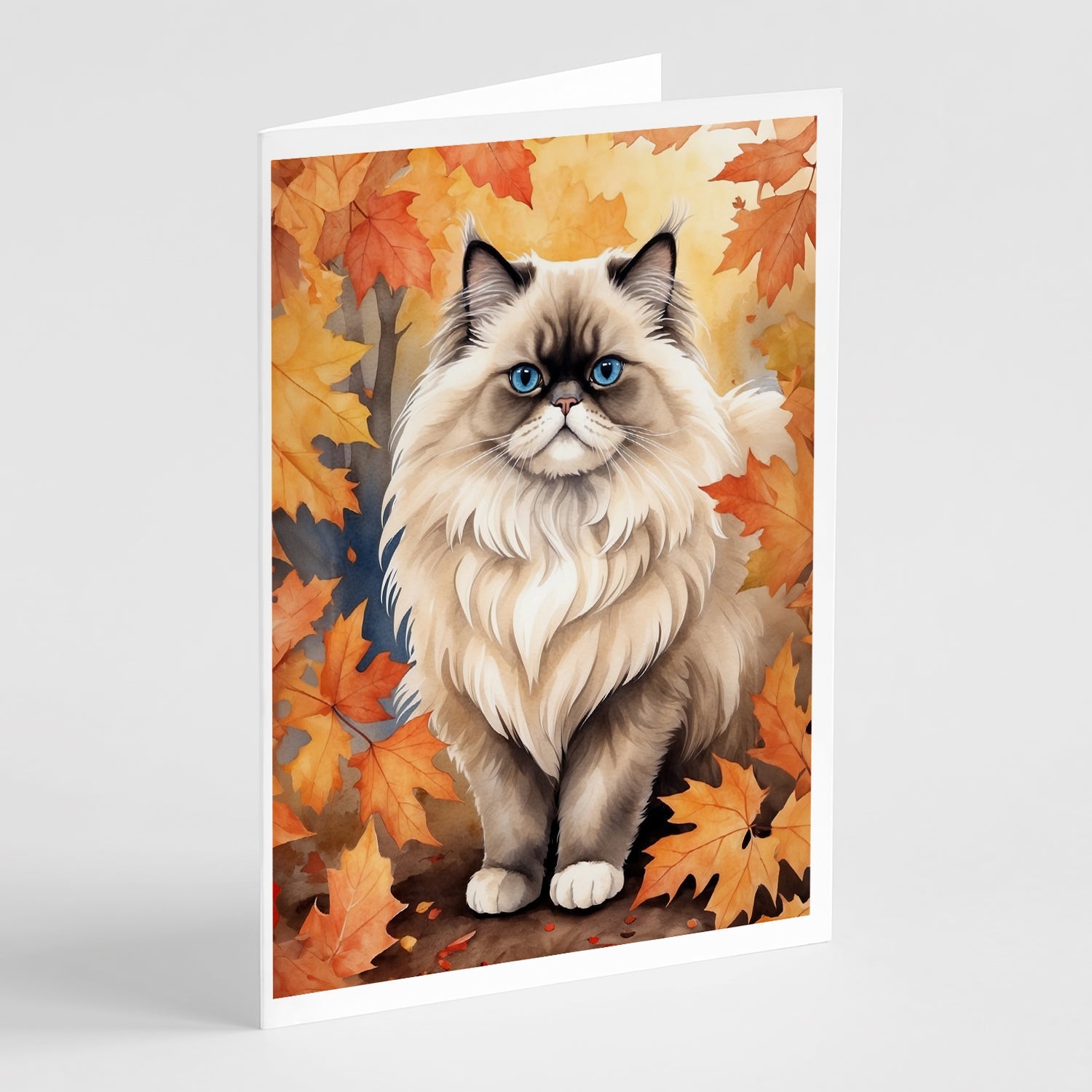 Colorpoint Longhair Cat in Fall Leaves Greeting Cards Pack of 8 Blank Cards with Envelopes Whimsical A7 Size 5x7