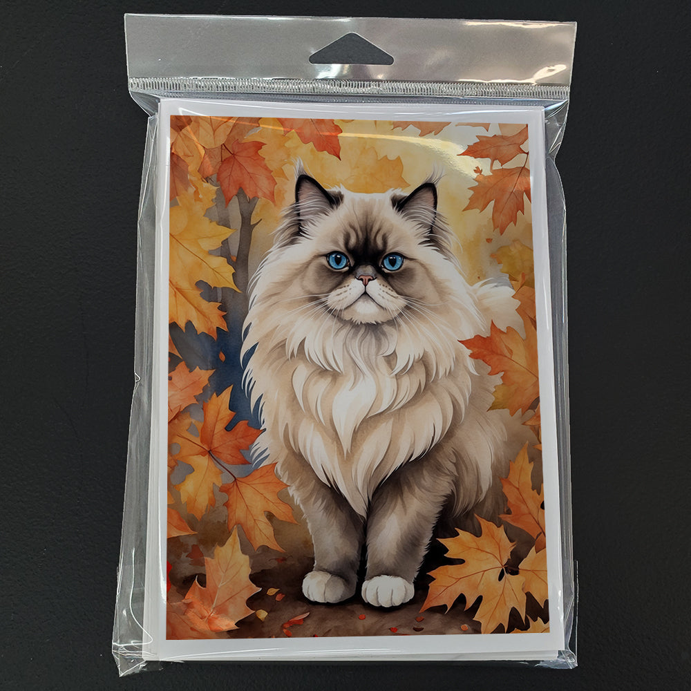 Colorpoint Longhair Cat in Fall Leaves Greeting Cards Pack of 8 Blank Cards with Envelopes Whimsical A7 Size 5x7