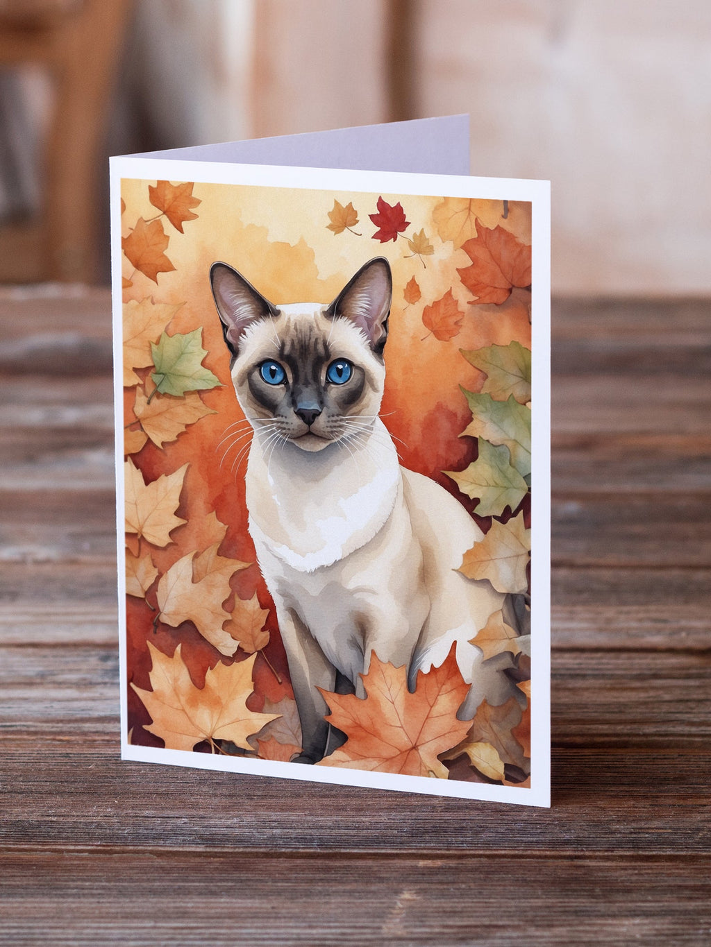 Colorpoint Shorthair Cat in Fall Leaves Greeting Cards Pack of 8 Blank Cards with Envelopes Whimsical A7 Size 5x7