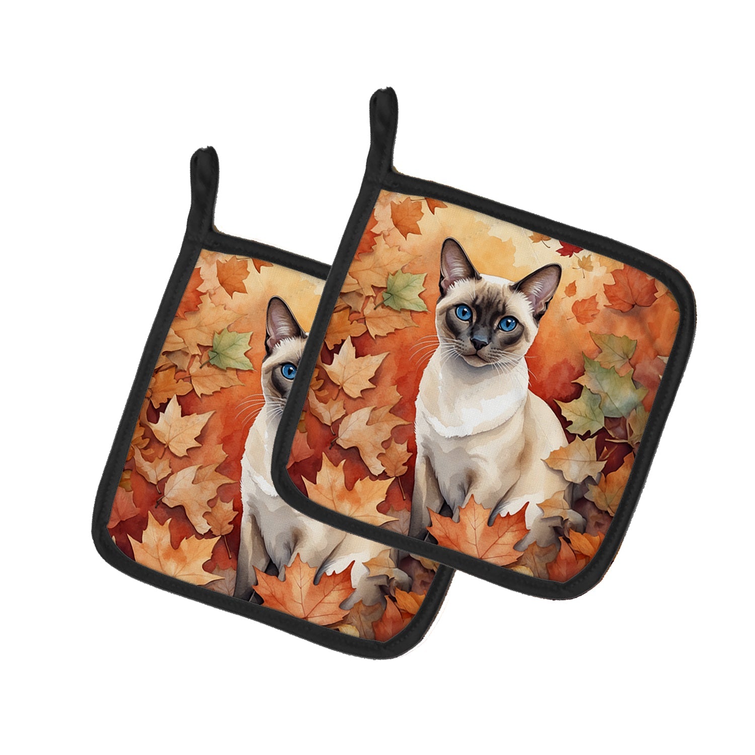 Colorpoint Shorthair Cat in Fall Leaves Pot Holder Set of 2 Heat Resistant Quilted Hot Pads 7.5 x 7.5 Inch, Insulated Kitchen Trivets for Cooking & Baking