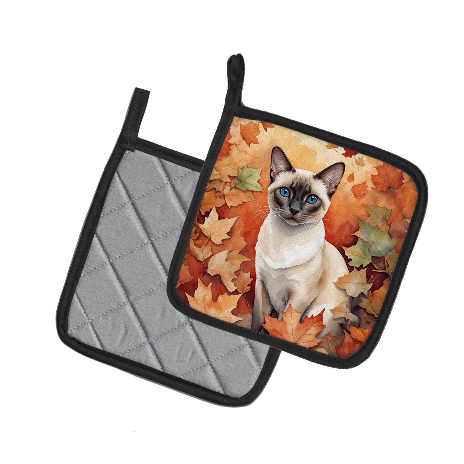 Colorpoint Shorthair Cat in Fall Leaves Pot Holder Set of 2 Heat Resistant Quilted Hot Pads 7.5 x 7.5 Inch, Insulated Kitchen Trivets for Cooking & Baking