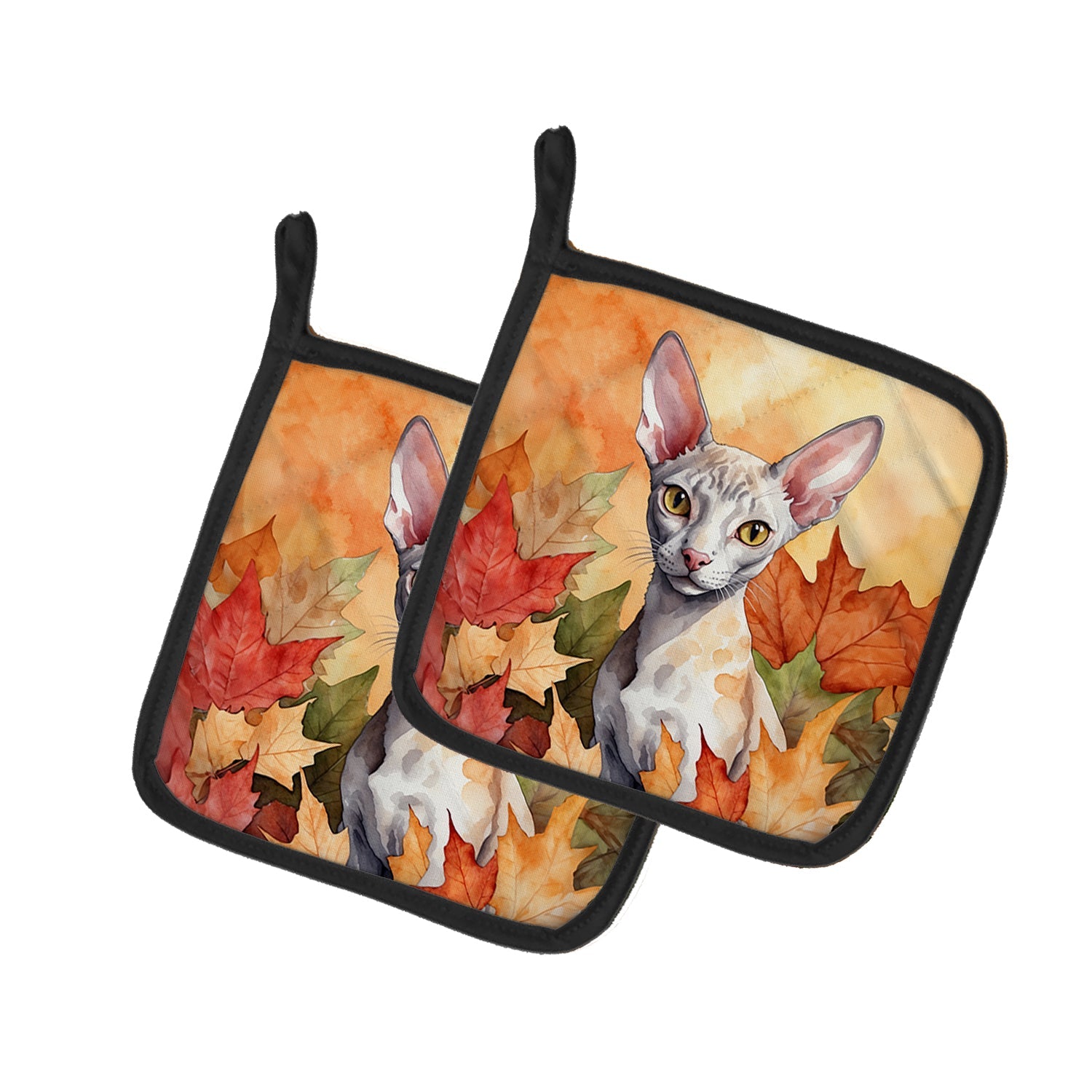 Cornish Rex Cat in Fall Leaves Pot Holder Set of 2 Heat Resistant Quilted Hot Pads 7.5 x 7.5 Inch, Insulated Kitchen Trivets for Cooking & Baking