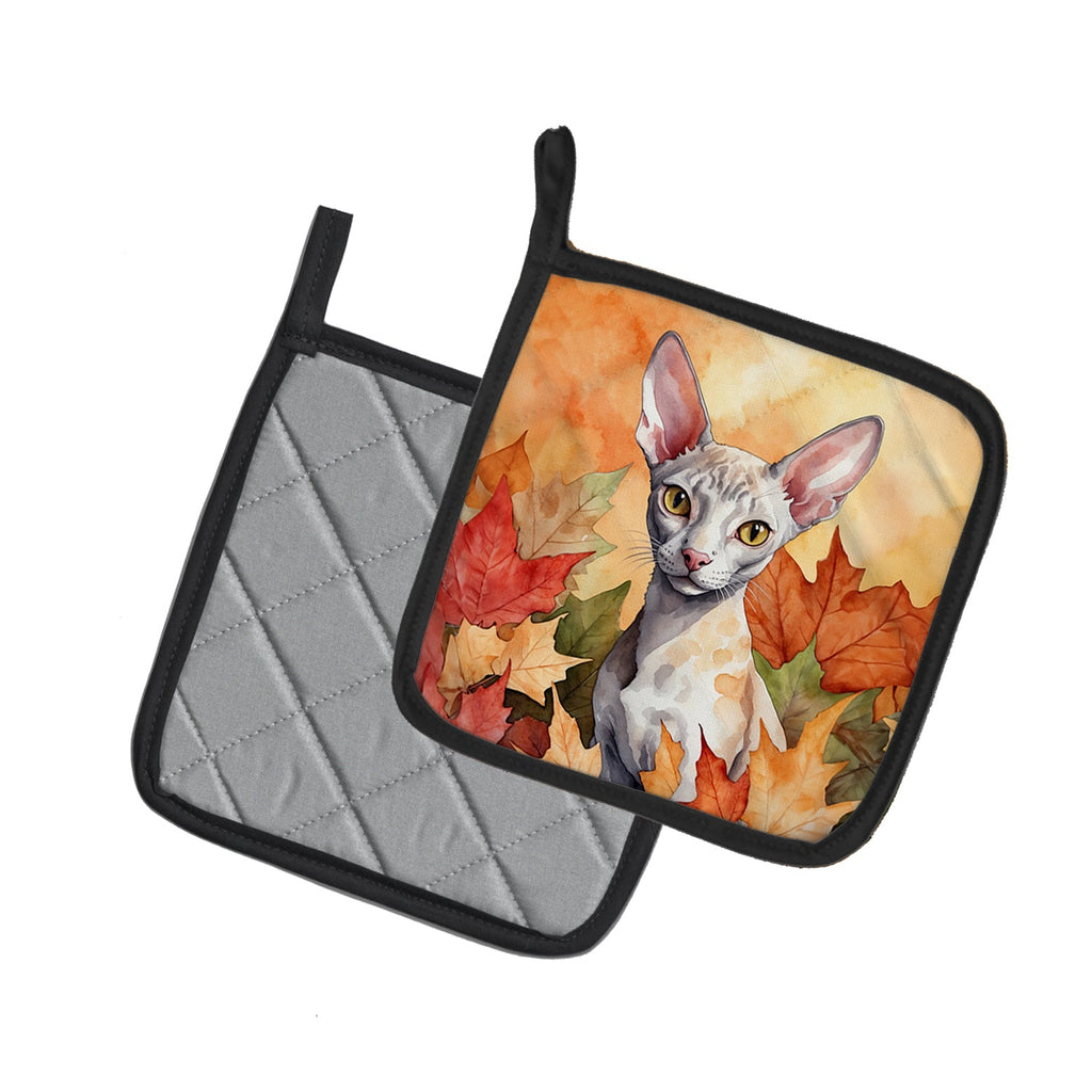 Cornish Rex Cat in Fall Leaves Pot Holder Set of 2 Heat Resistant Quilted Hot Pads 7.5 x 7.5 Inch, Insulated Kitchen Trivets for Cooking & Baking