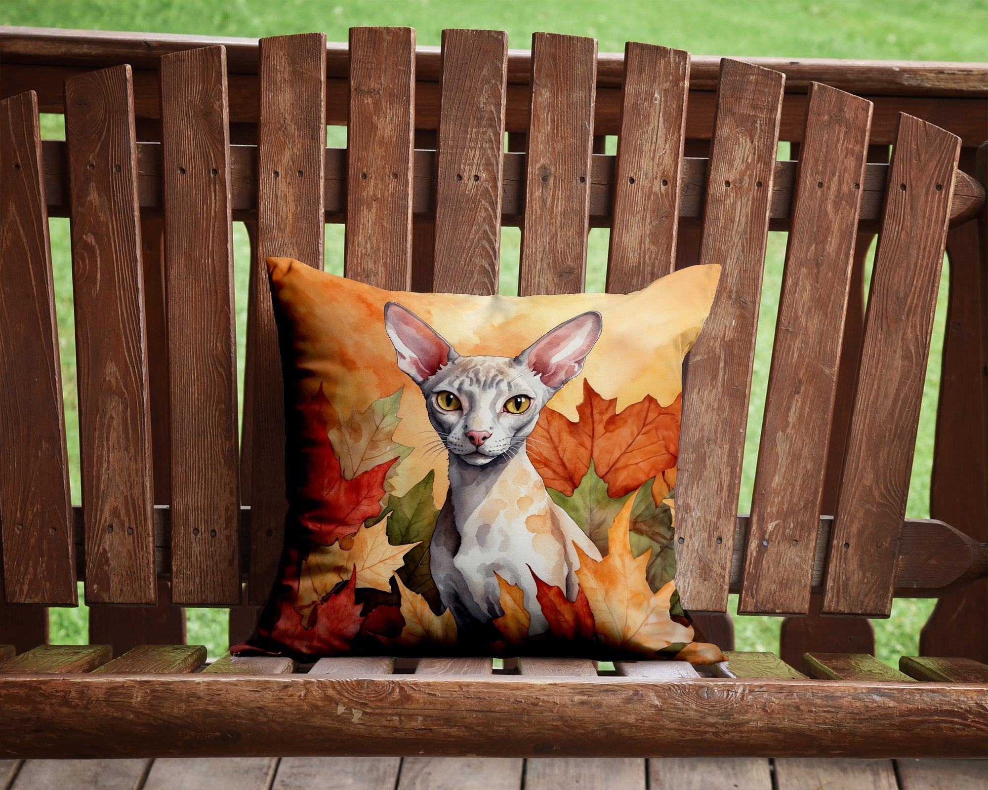 Cornish Rex Cat in Fall Leaves Decorative Throw Pillow 14x14 Indoor Outdoor Accent Cushion, Fabric Cover with Insert for Sofa, Bed, Porch & Living Room