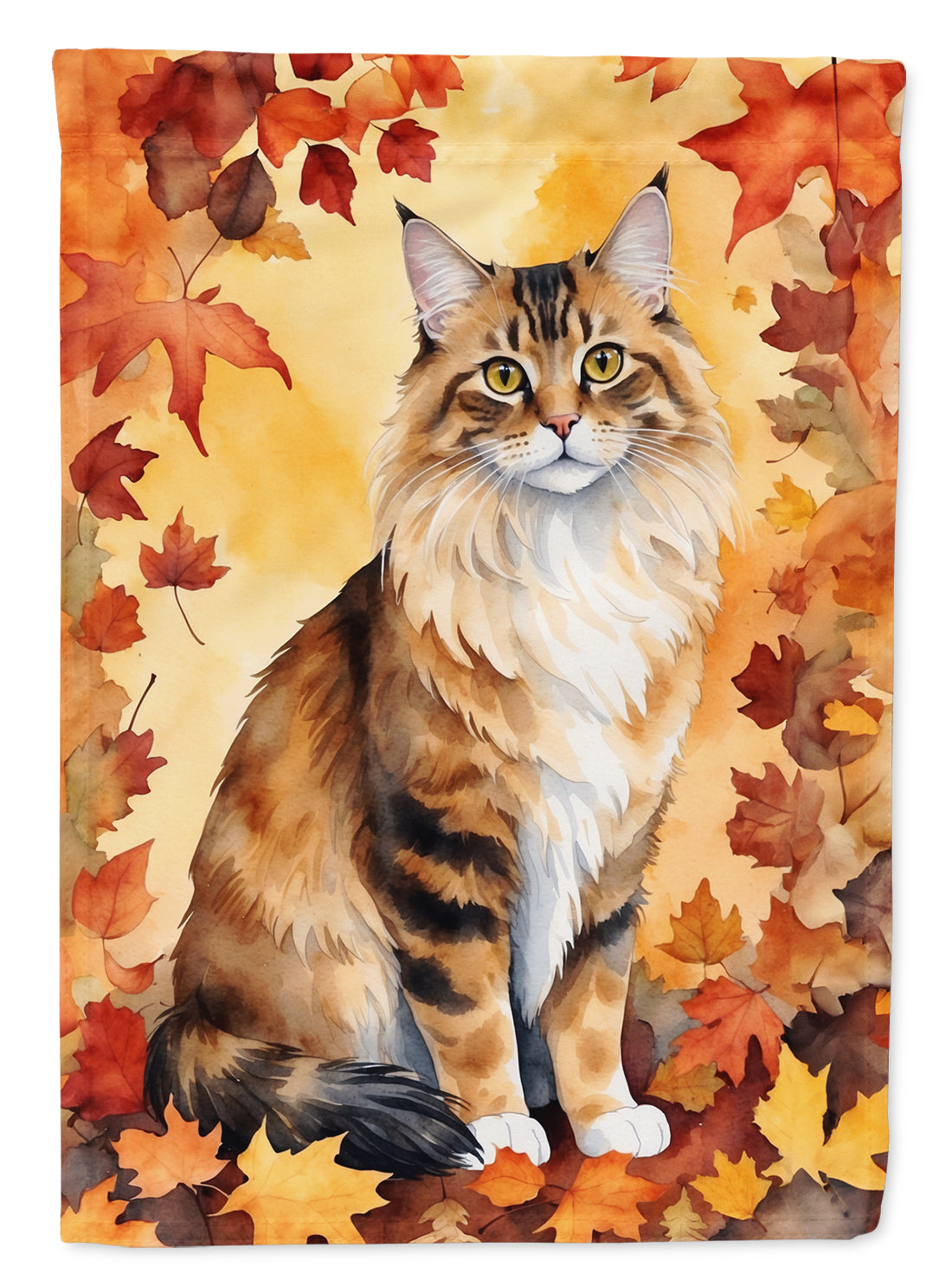 Cymric Cat in Fall Leaves House Flag 28x40 Porch Sleeve Pole Decorative Outside Yard Banner Artwork Wall Hanging, Polyester