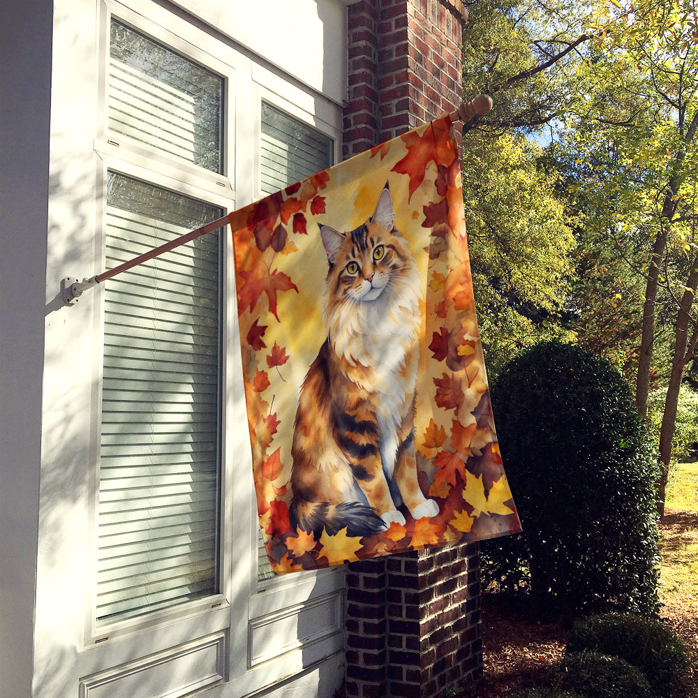 Cymric Cat in Fall Leaves House Flag 28x40 Porch Sleeve Pole Decorative Outside Yard Banner Artwork Wall Hanging, Polyester