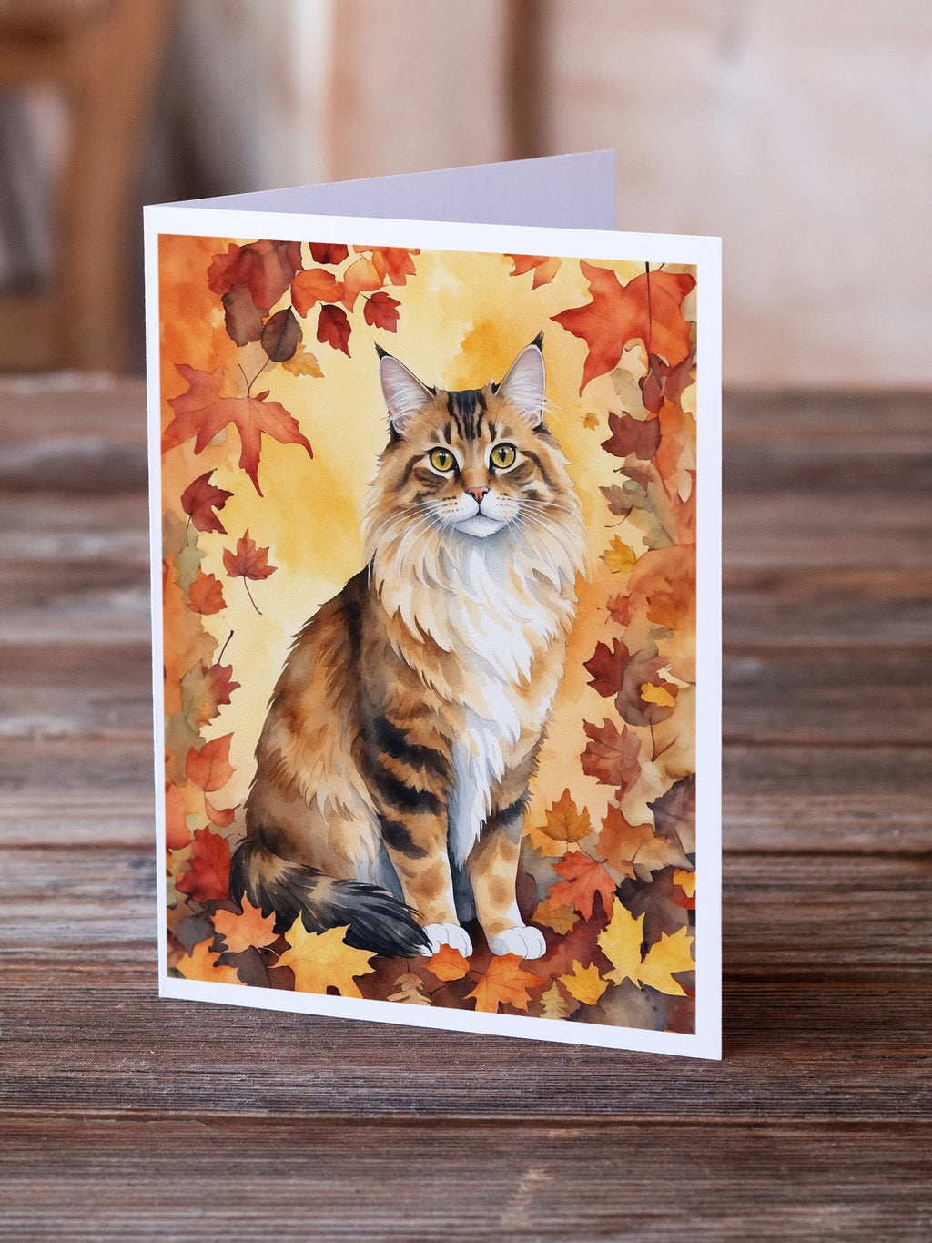 Cymric Cat in Fall Leaves Greeting Cards Pack of 8 Blank Cards with Envelopes Whimsical A7 Size 5x7