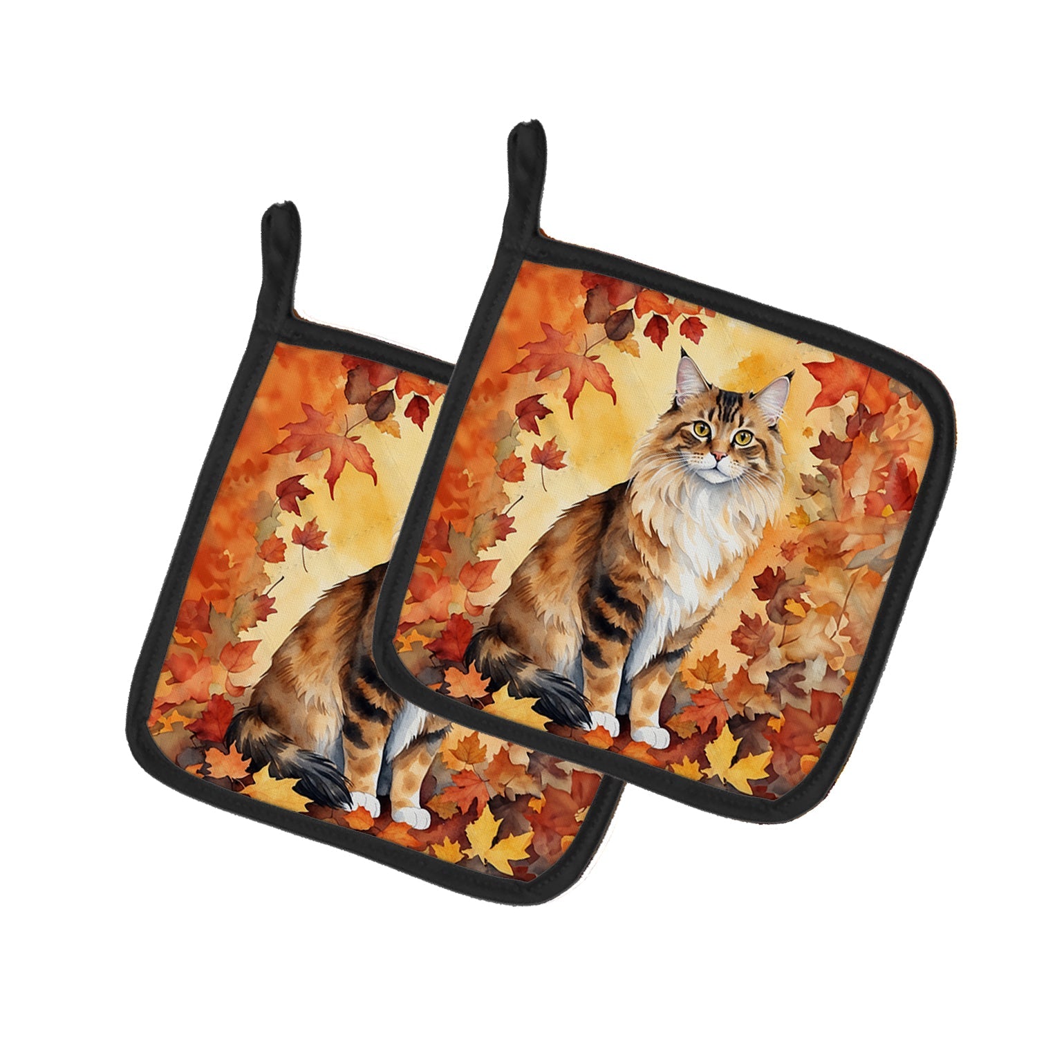 Cymric Cat in Fall Leaves Pot Holder Set of 2 Heat Resistant Quilted Hot Pads 7.5 x 7.5 Inch, Insulated Kitchen Trivets for Cooking & Baking