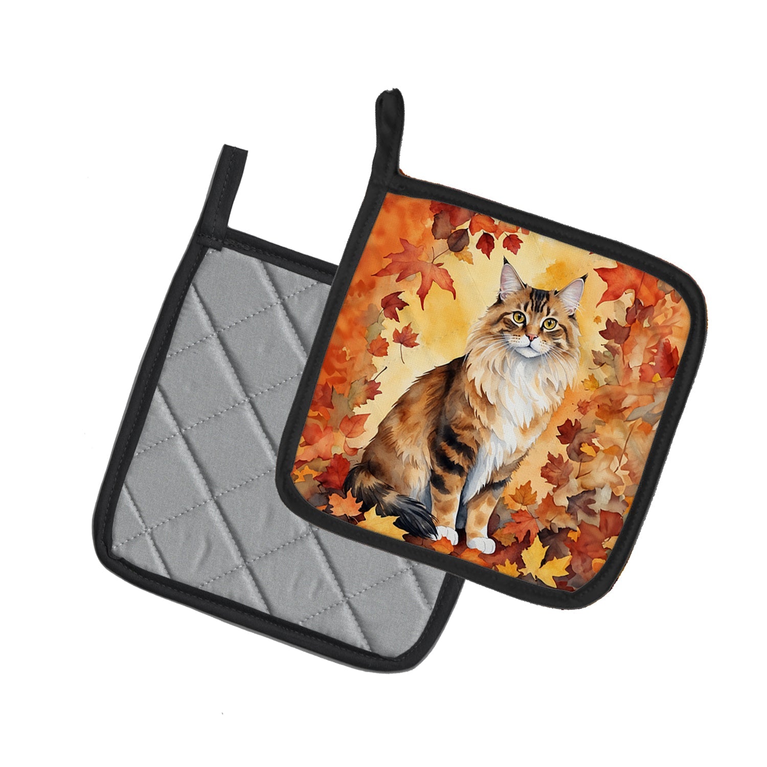Cymric Cat in Fall Leaves Pot Holder Set of 2 Heat Resistant Quilted Hot Pads 7.5 x 7.5 Inch, Insulated Kitchen Trivets for Cooking & Baking