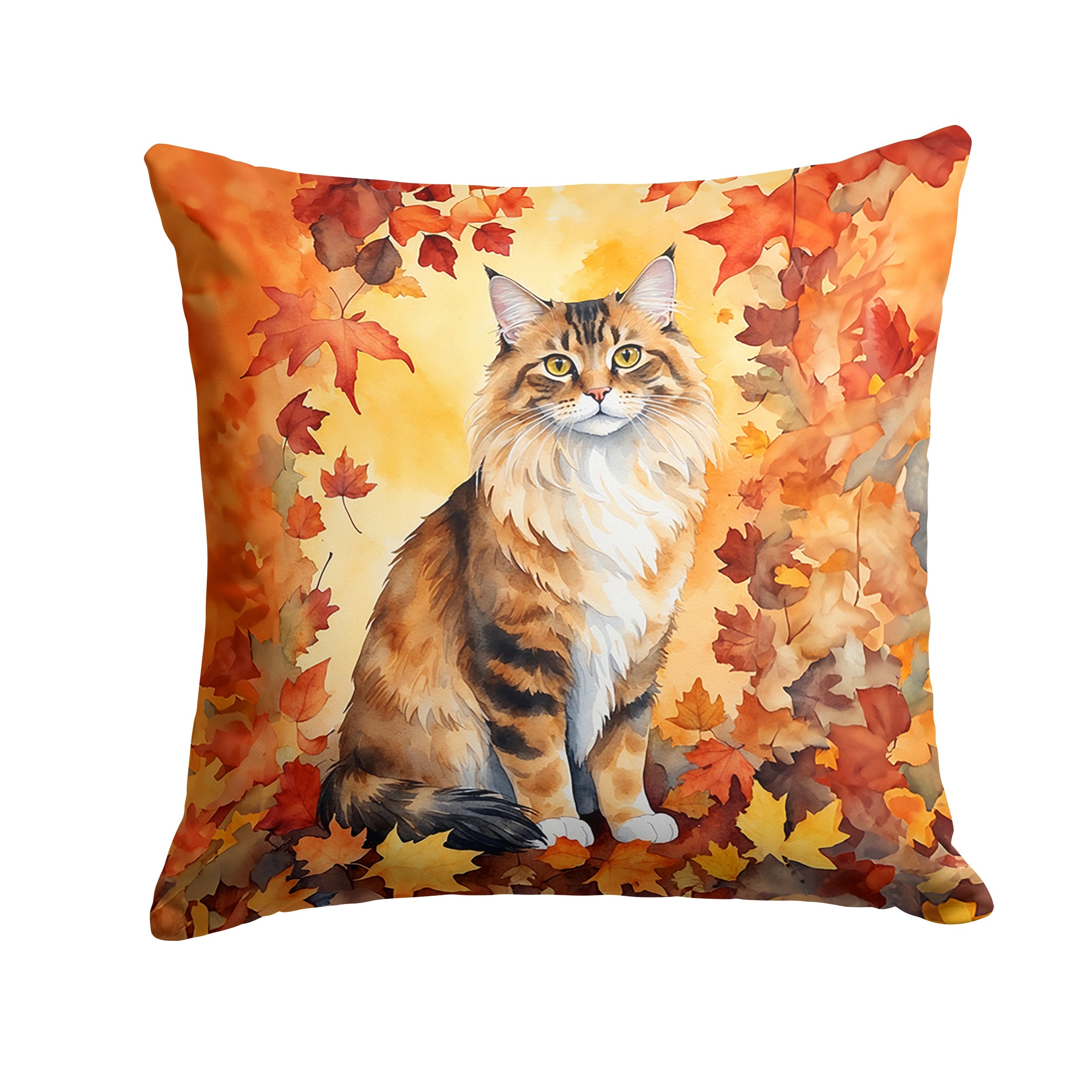 Cymric Cat in Fall Leaves Decorative Throw Pillow 14x14 Indoor Outdoor Accent Cushion, Fabric Cover with Insert for Sofa, Bed, Porch & Living Room