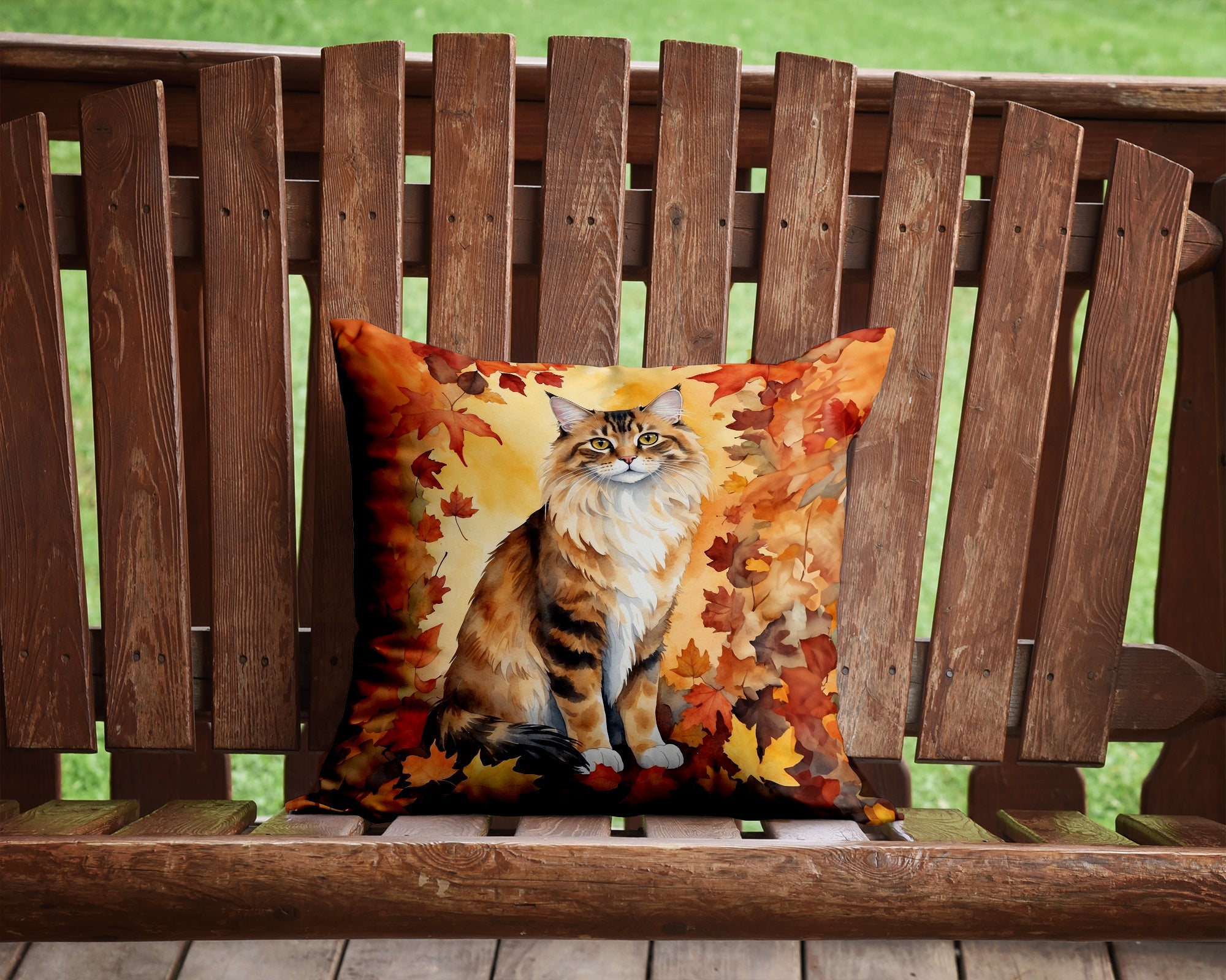Cymric Cat in Fall Leaves Decorative Throw Pillow 14x14 Indoor Outdoor Accent Cushion, Fabric Cover with Insert for Sofa, Bed, Porch & Living Room