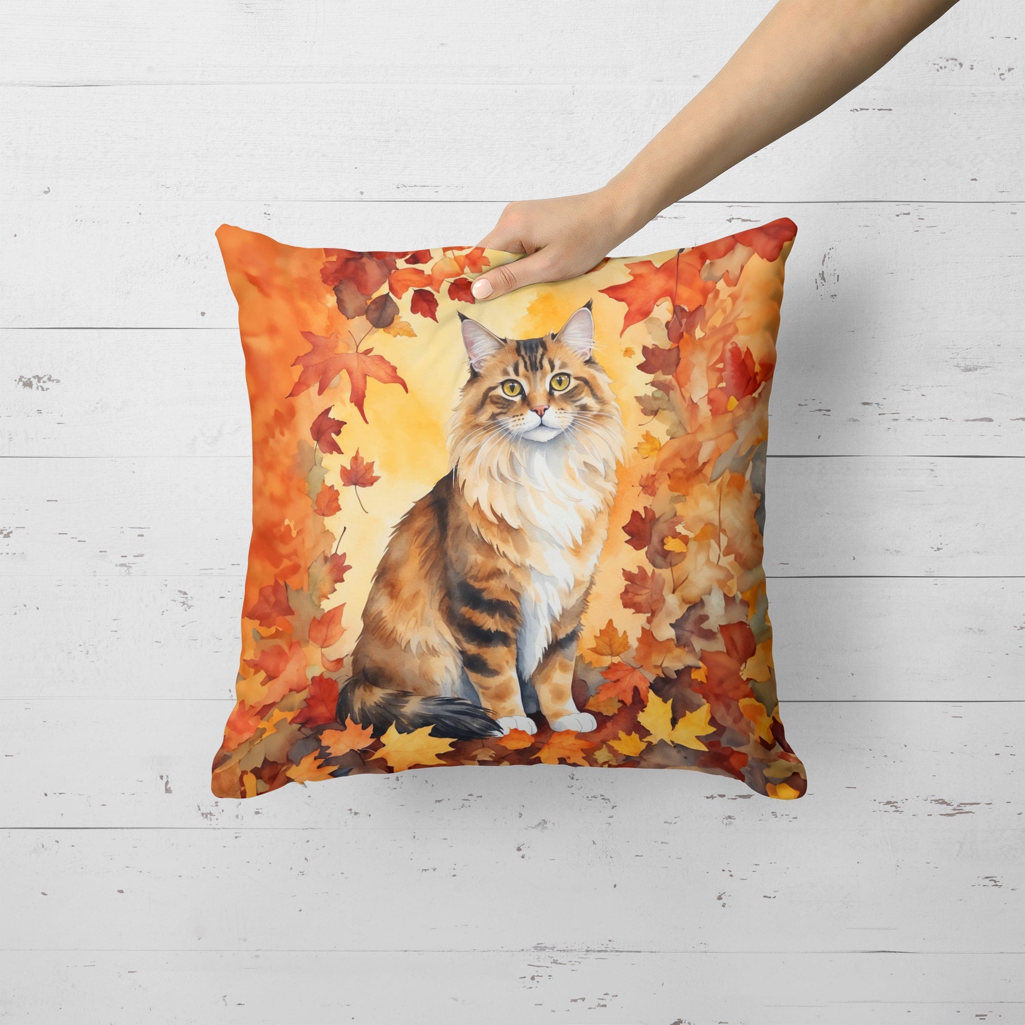 Cymric Cat in Fall Leaves Decorative Throw Pillow 18x18 Indoor Outdoor Accent Cushion, Fabric Cover with Insert for Sofa, Bed, Porch & Living Room
