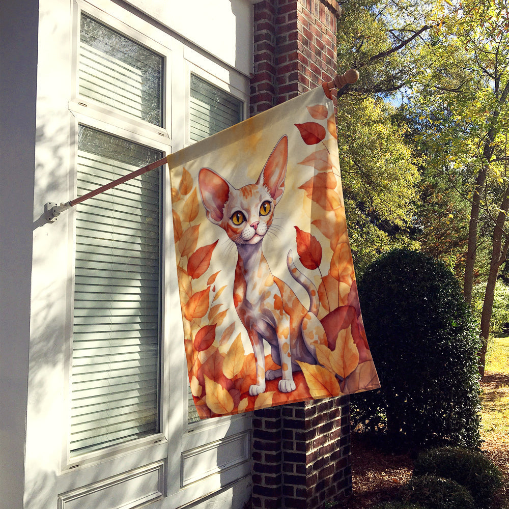 Devon Rex Cat in Fall Leaves House Flag 28x40 Porch Sleeve Pole Decorative Outside Yard Banner Artwork Wall Hanging, Polyester