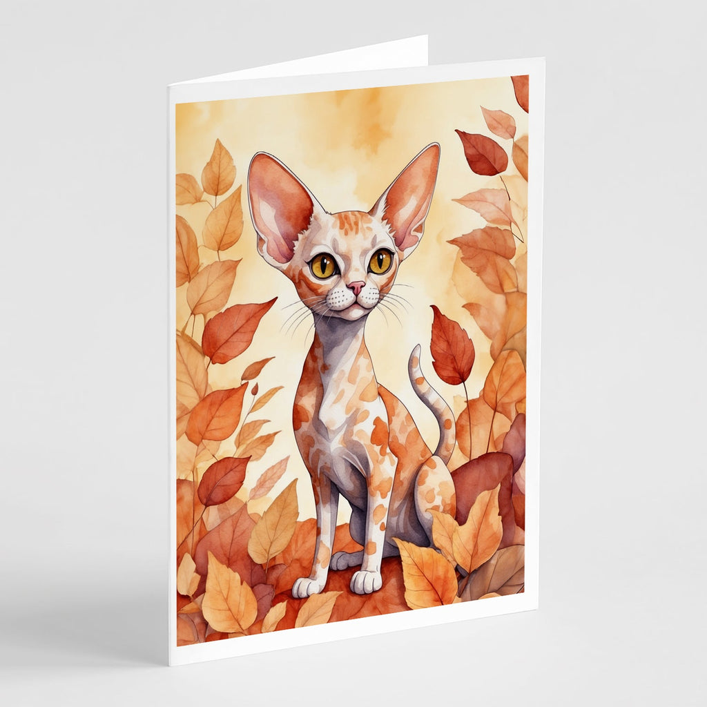 Devon Rex Cat in Fall Leaves Greeting Cards Pack of 8 Blank Cards with Envelopes Whimsical A7 Size 5x7