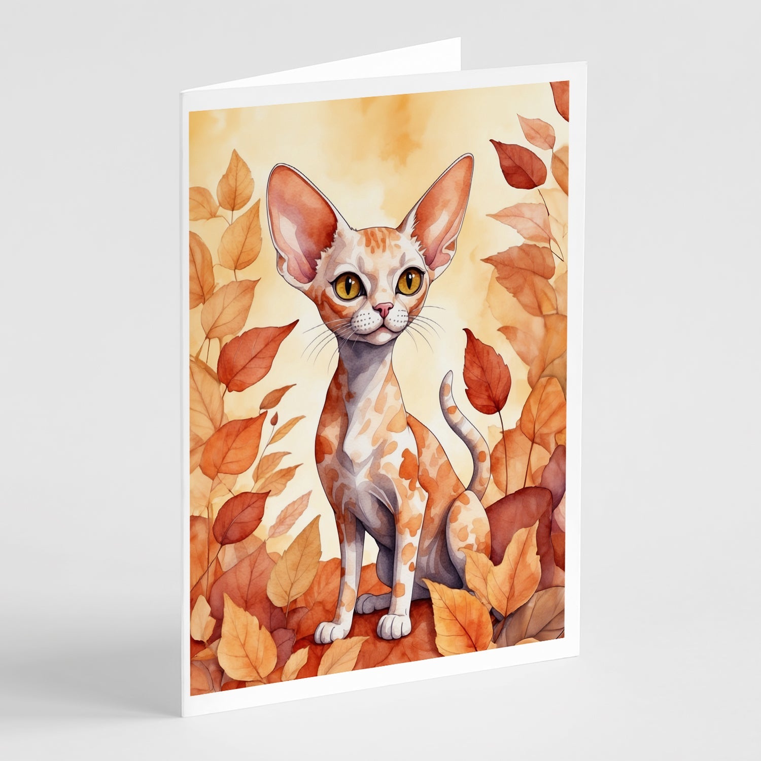 Devon Rex Cat in Fall Leaves Greeting Cards Pack of 8 Blank Cards with Envelopes Whimsical A7 Size 5x7