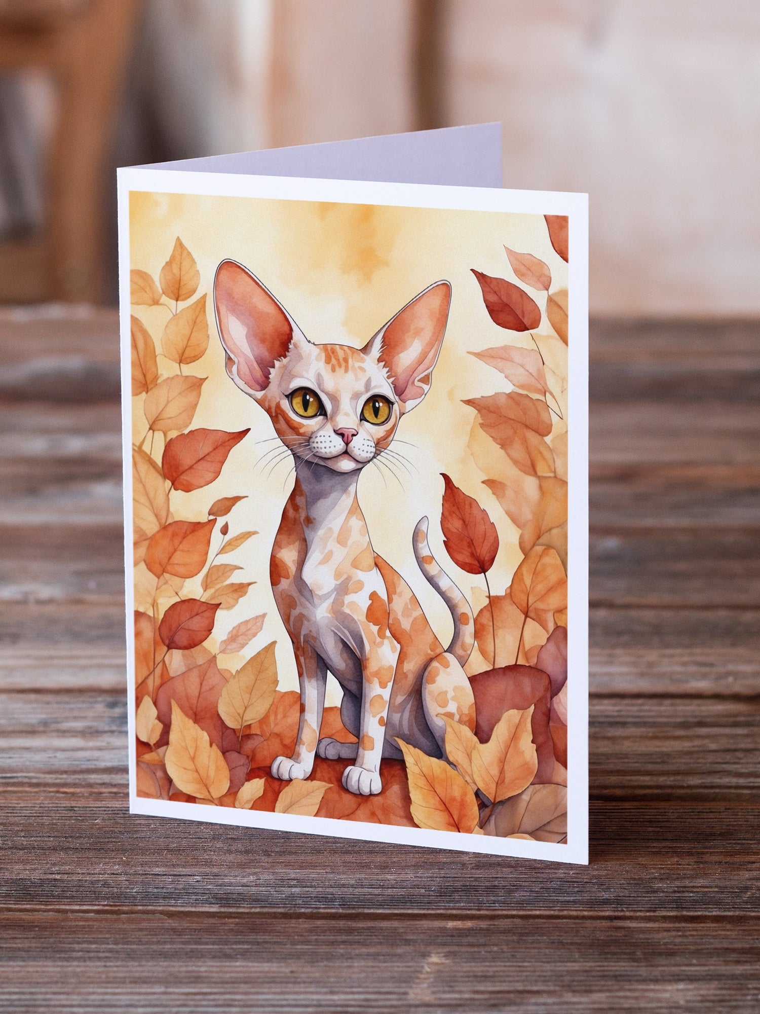 Devon Rex Cat in Fall Leaves Greeting Cards Pack of 8 Blank Cards with Envelopes Whimsical A7 Size 5x7