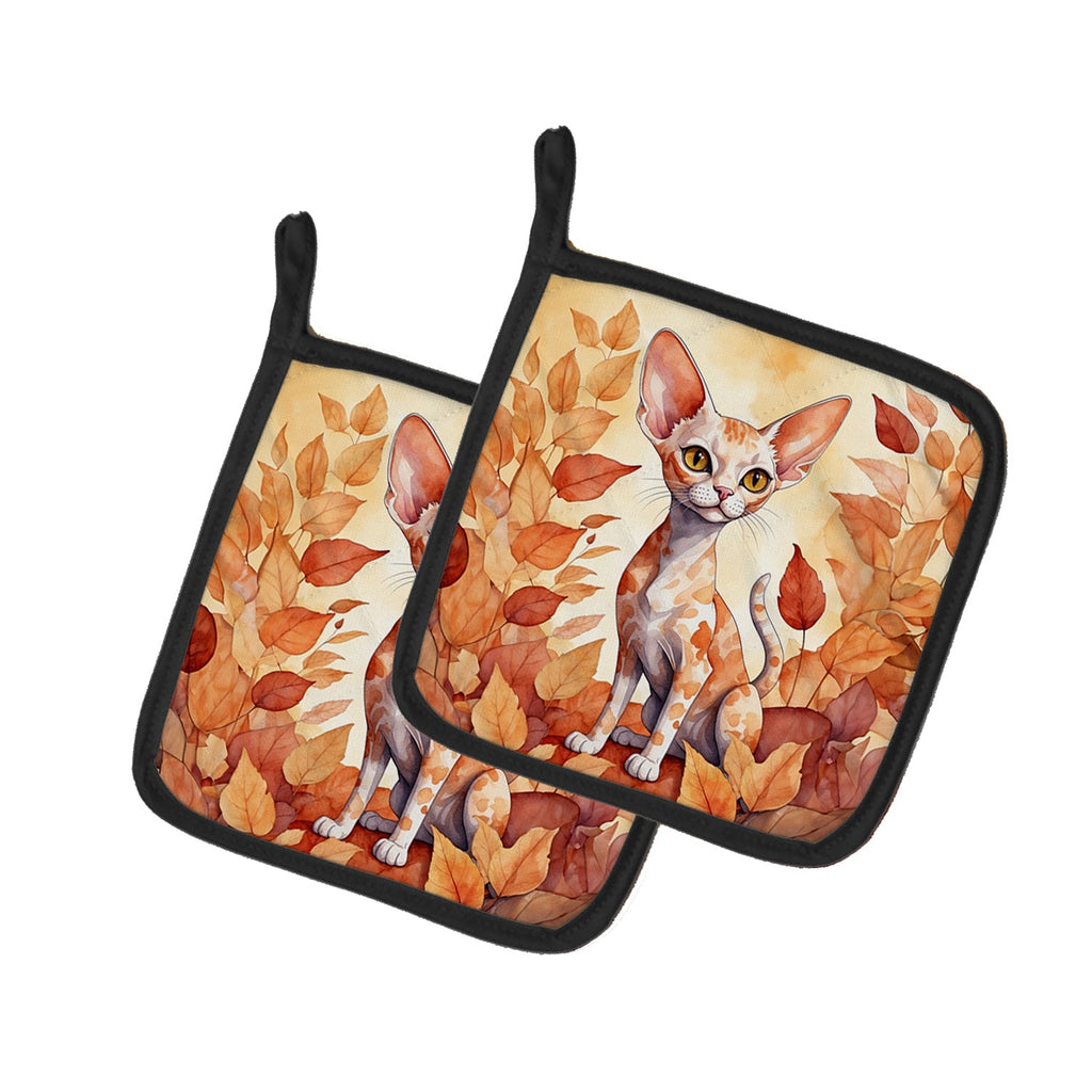 Devon Rex Cat in Fall Leaves Pot Holder Set of 2 Heat Resistant Quilted Hot Pads 7.5 x 7.5 Inch, Insulated Kitchen Trivets for Cooking & Baking