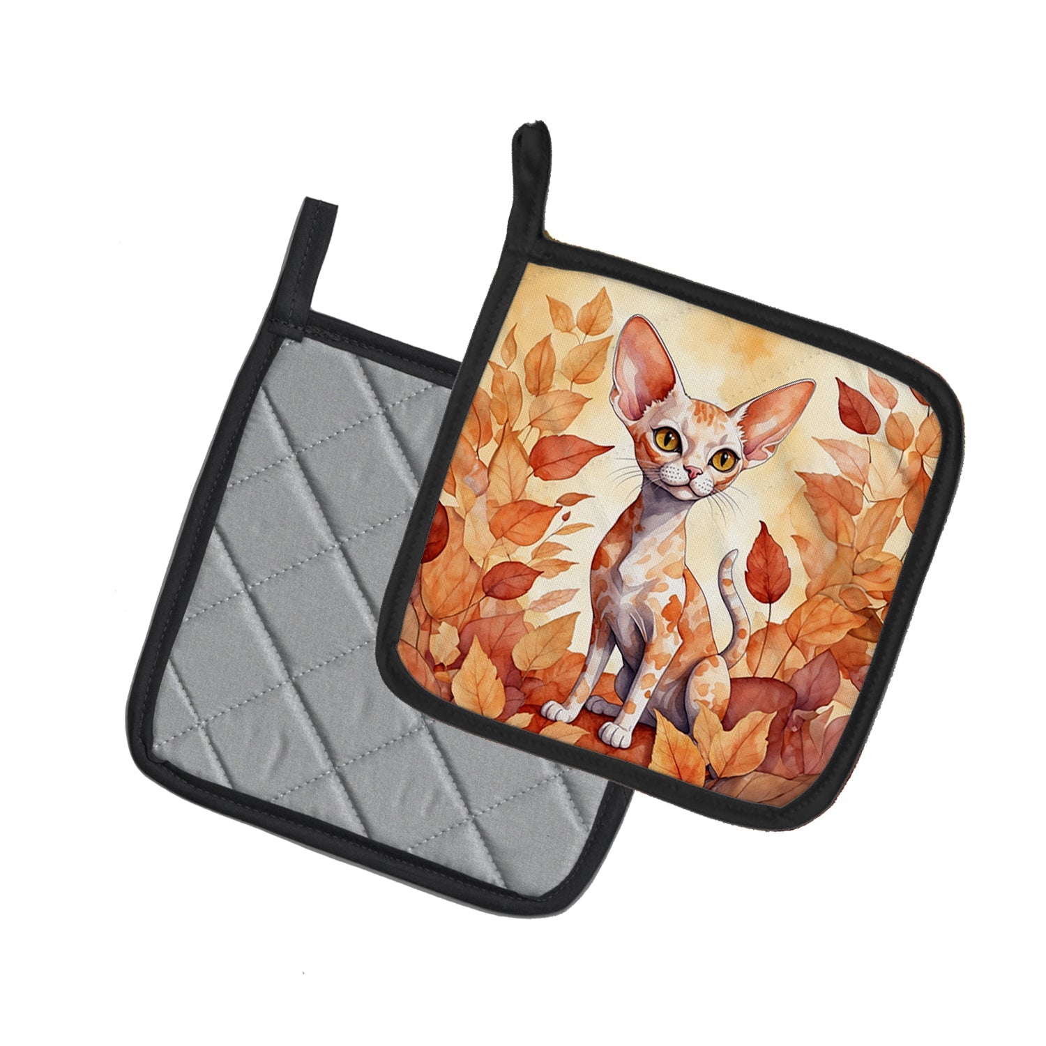 Devon Rex Cat in Fall Leaves Pot Holder Set of 2 Heat Resistant Quilted Hot Pads 7.5 x 7.5 Inch, Insulated Kitchen Trivets for Cooking & Baking