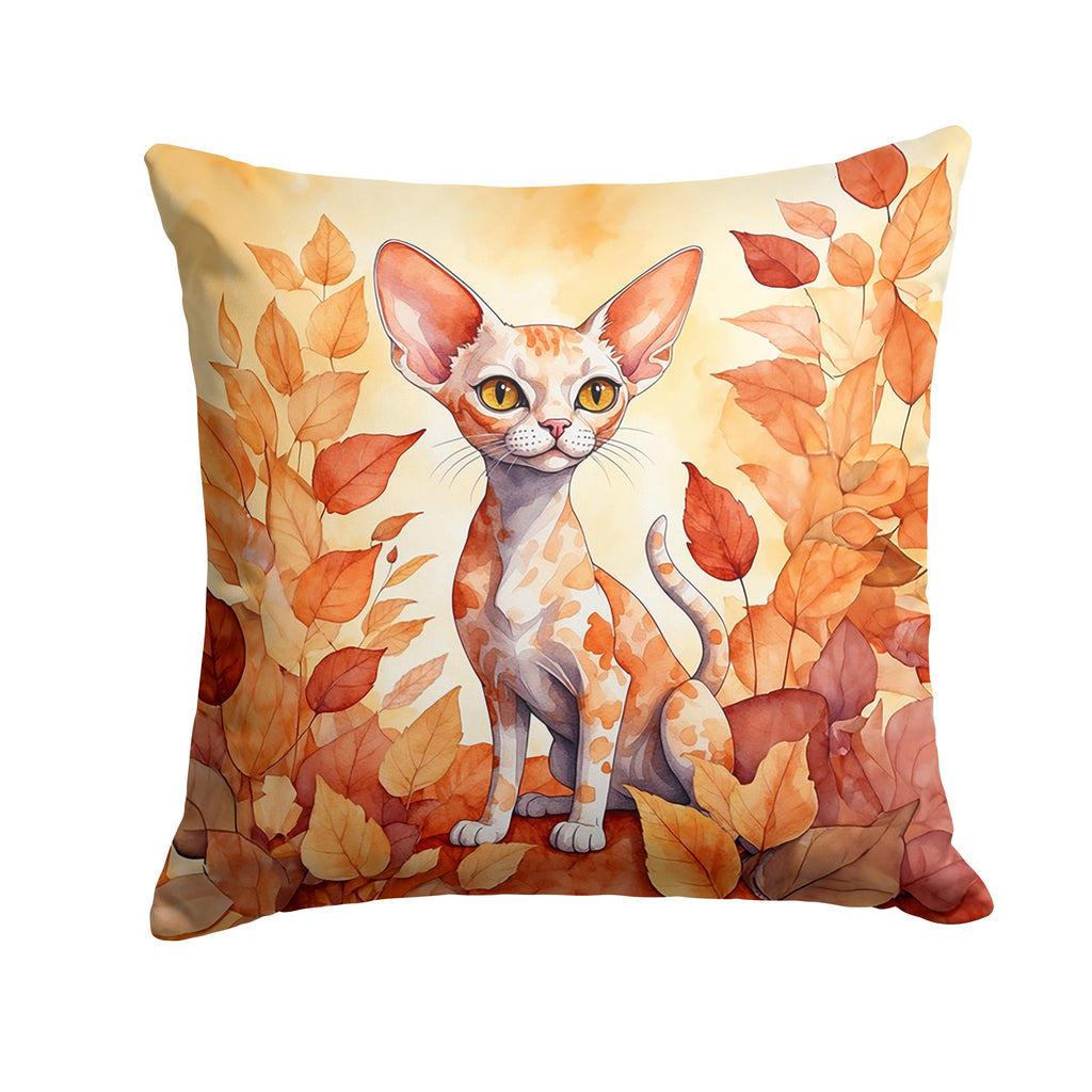 Devon Rex Cat in Fall Leaves Decorative Throw Pillow 14x14 Indoor Outdoor Accent Cushion, Fabric Cover with Insert for Sofa, Bed, Porch & Living Room
