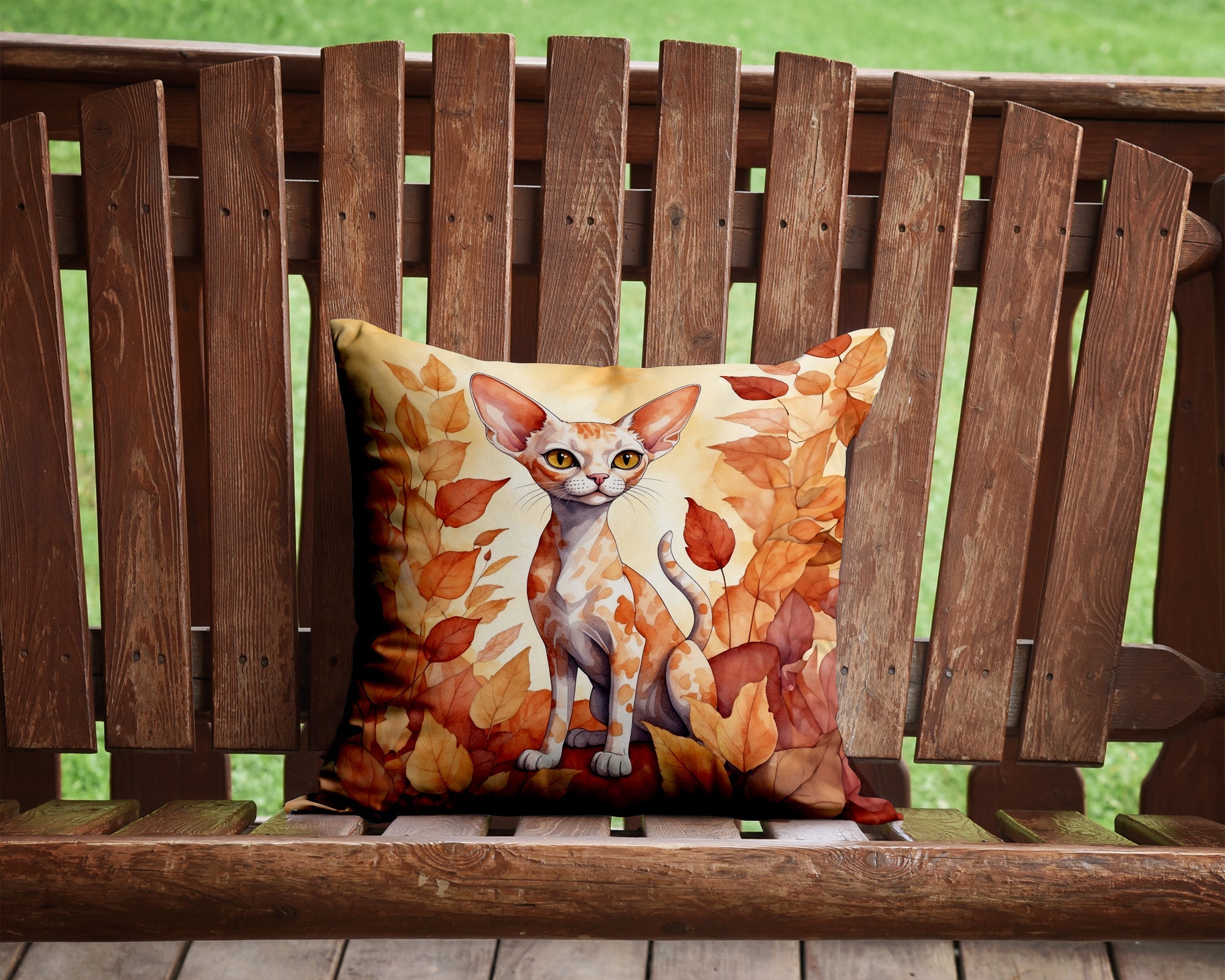 Devon Rex Cat in Fall Leaves Decorative Throw Pillow 14x14 Indoor Outdoor Accent Cushion, Fabric Cover with Insert for Sofa, Bed, Porch & Living Room