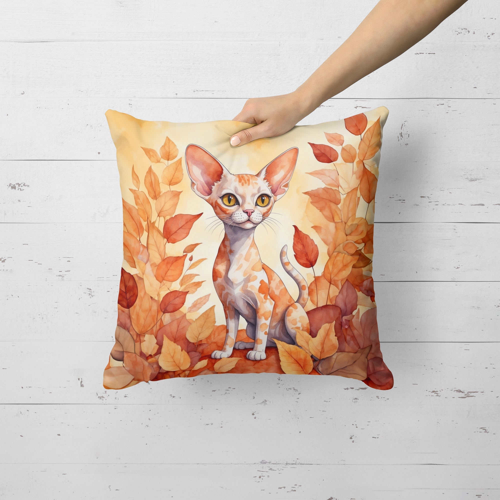 Devon Rex Cat in Fall Leaves Decorative Throw Pillow 18x18 Indoor Outdoor Accent Cushion, Fabric Cover with Insert for Sofa, Bed, Porch & Living Room
