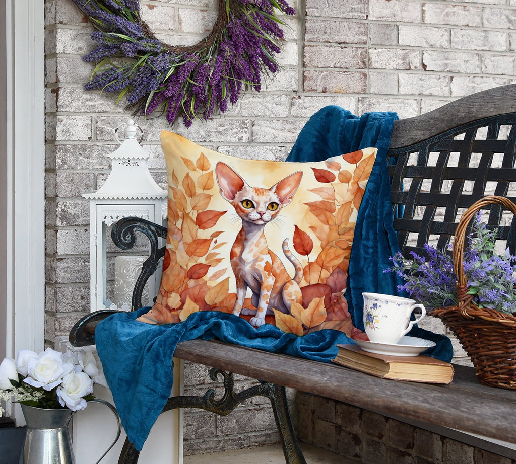 Devon Rex Cat in Fall Leaves Decorative Throw Pillow 18x18 Indoor Outdoor Accent Cushion, Fabric Cover with Insert for Sofa, Bed, Porch & Living Room