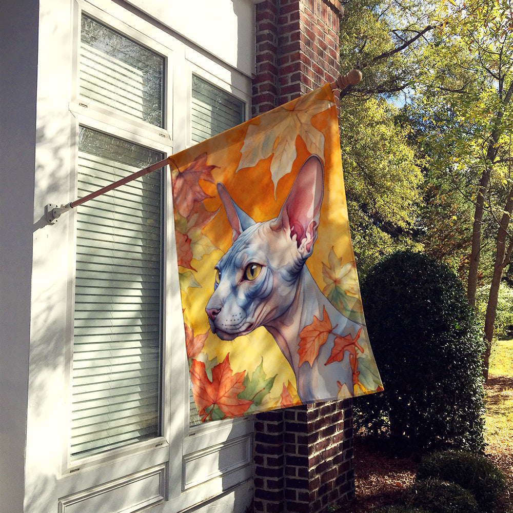 Donskoy Don Sphynx Cat in Fall Leaves House Flag 28x40 Porch Sleeve Pole Decorative Outside Yard Banner Artwork Wall Hanging, Polyester