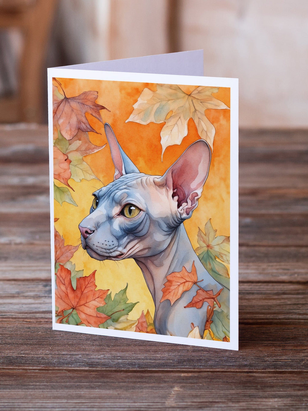 Donskoy Don Sphynx Cat in Fall Leaves Greeting Cards Pack of 8 Blank Cards with Envelopes Whimsical A7 Size 5x7