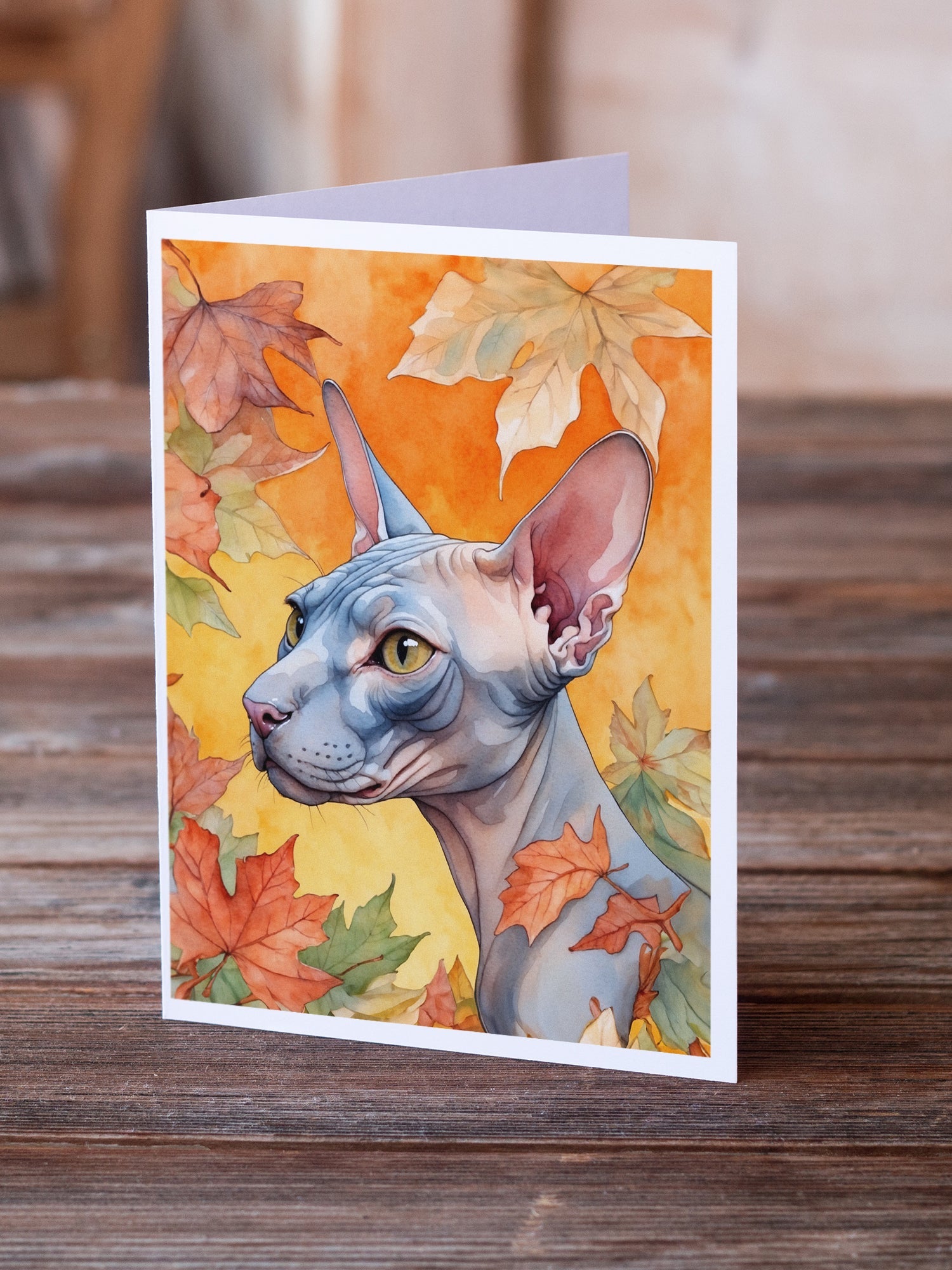 Donskoy Don Sphynx Cat in Fall Leaves Greeting Cards Pack of 8 Blank Cards with Envelopes Whimsical A7 Size 5x7
