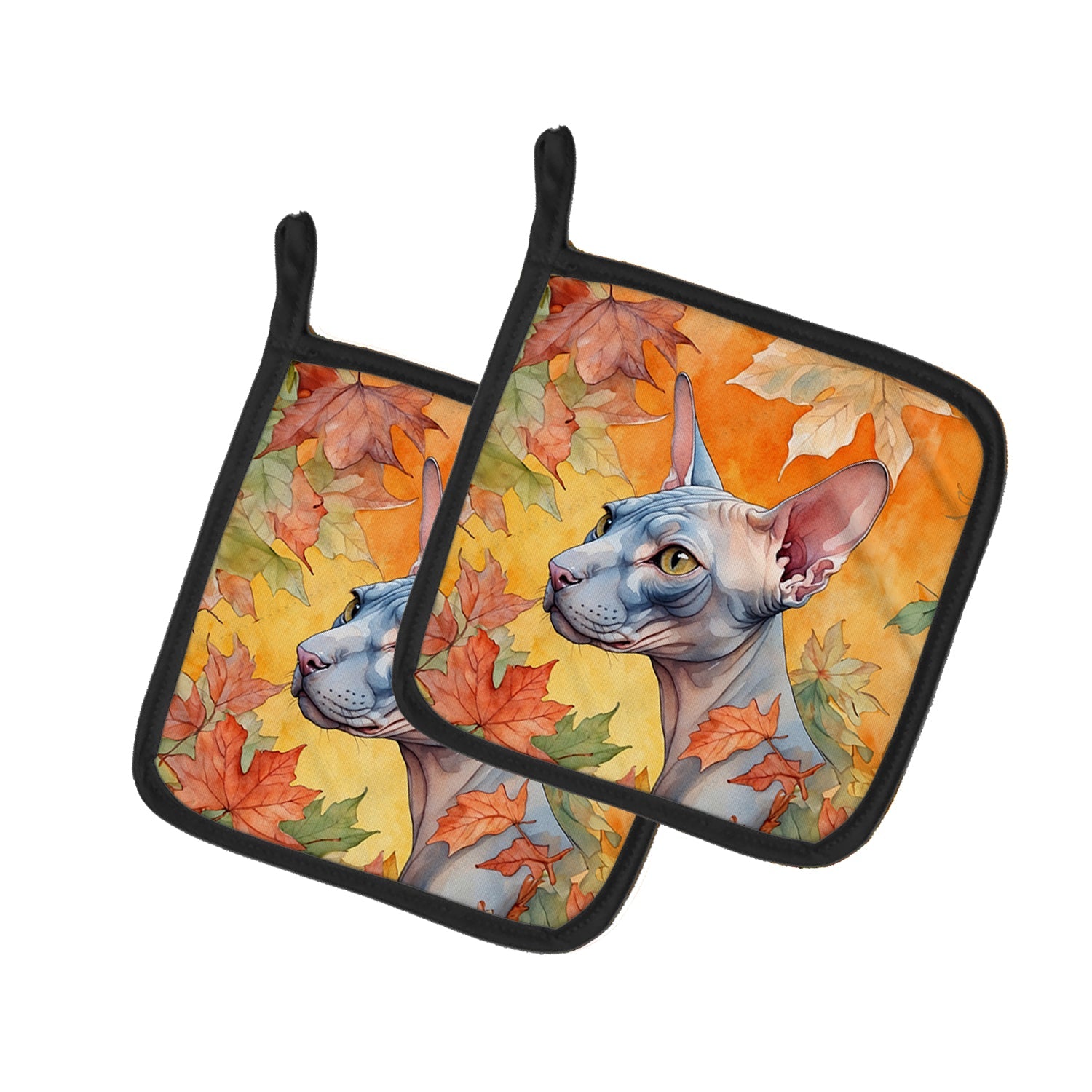 Donskoy Don Sphynx Cat in Fall Leaves Pot Holder Set of 2 Heat Resistant Quilted Hot Pads 7.5 x 7.5 Inch, Insulated Kitchen Trivets for Cooking & Baking