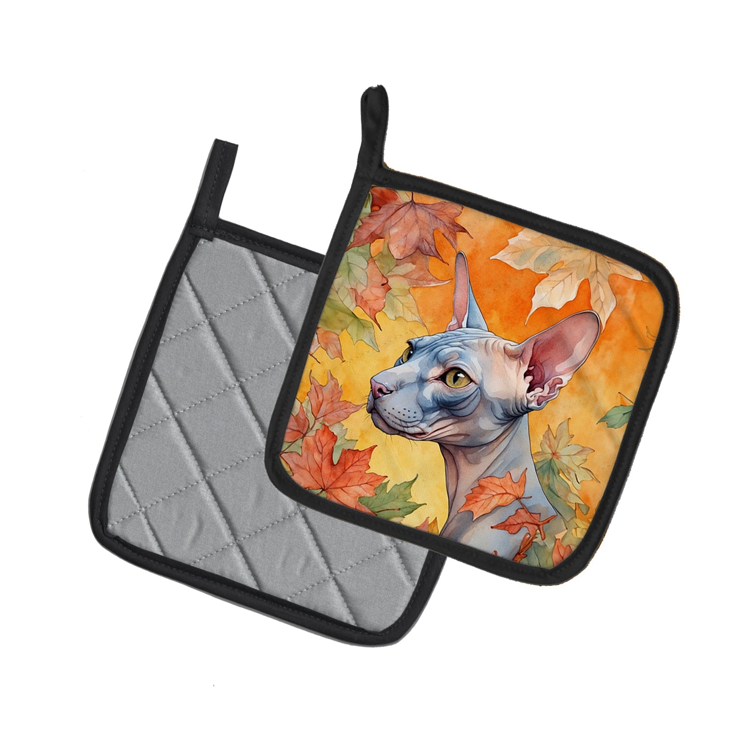 Donskoy Don Sphynx Cat in Fall Leaves Pot Holder Set of 2 Heat Resistant Quilted Hot Pads 7.5 x 7.5 Inch, Insulated Kitchen Trivets for Cooking & Baking