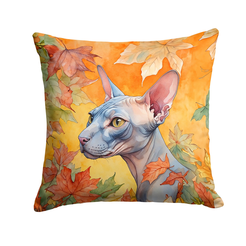 Donskoy Don Sphynx Cat in Fall Leaves Decorative Throw Pillow 14x14 Indoor Outdoor Accent Cushion, Fabric Cover with Insert for Sofa, Bed, Porch & Living Room