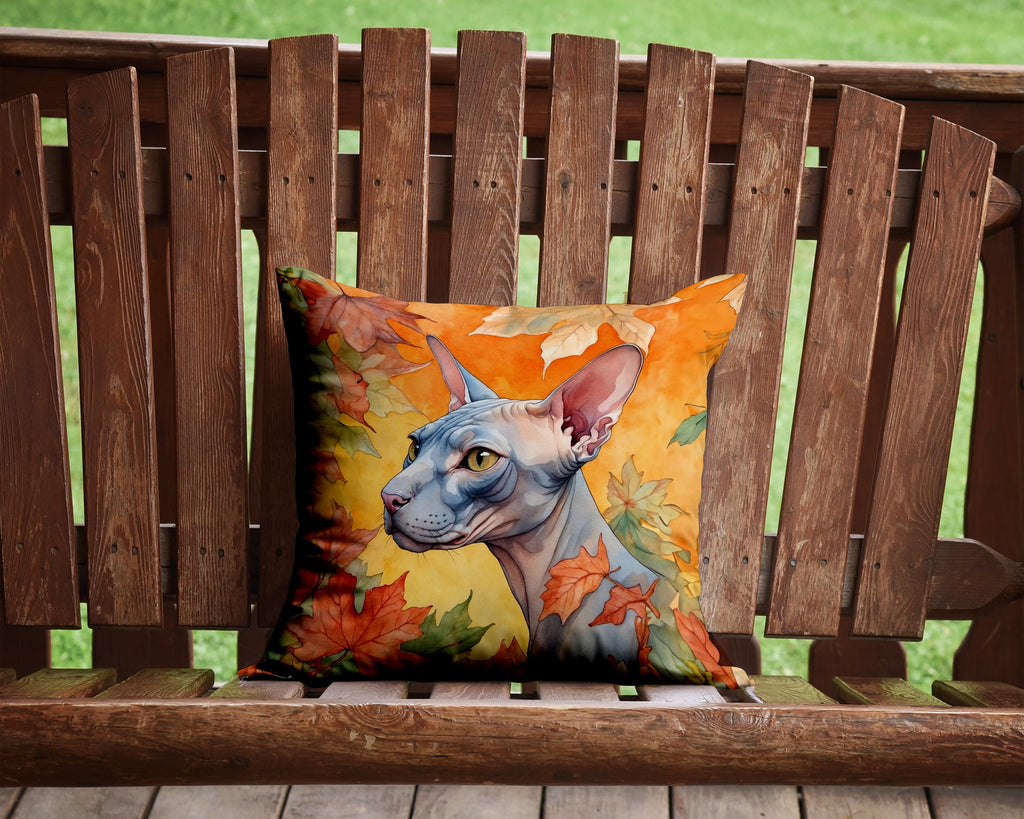 Donskoy Don Sphynx Cat in Fall Leaves Decorative Throw Pillow 14x14 Indoor Outdoor Accent Cushion, Fabric Cover with Insert for Sofa, Bed, Porch & Living Room