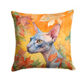 Donskoy Don Sphynx Cat in Fall Leaves Decorative Throw Pillow 18x18 Indoor Outdoor Accent Cushion, Fabric Cover with Insert for Sofa, Bed, Porch & Living Room